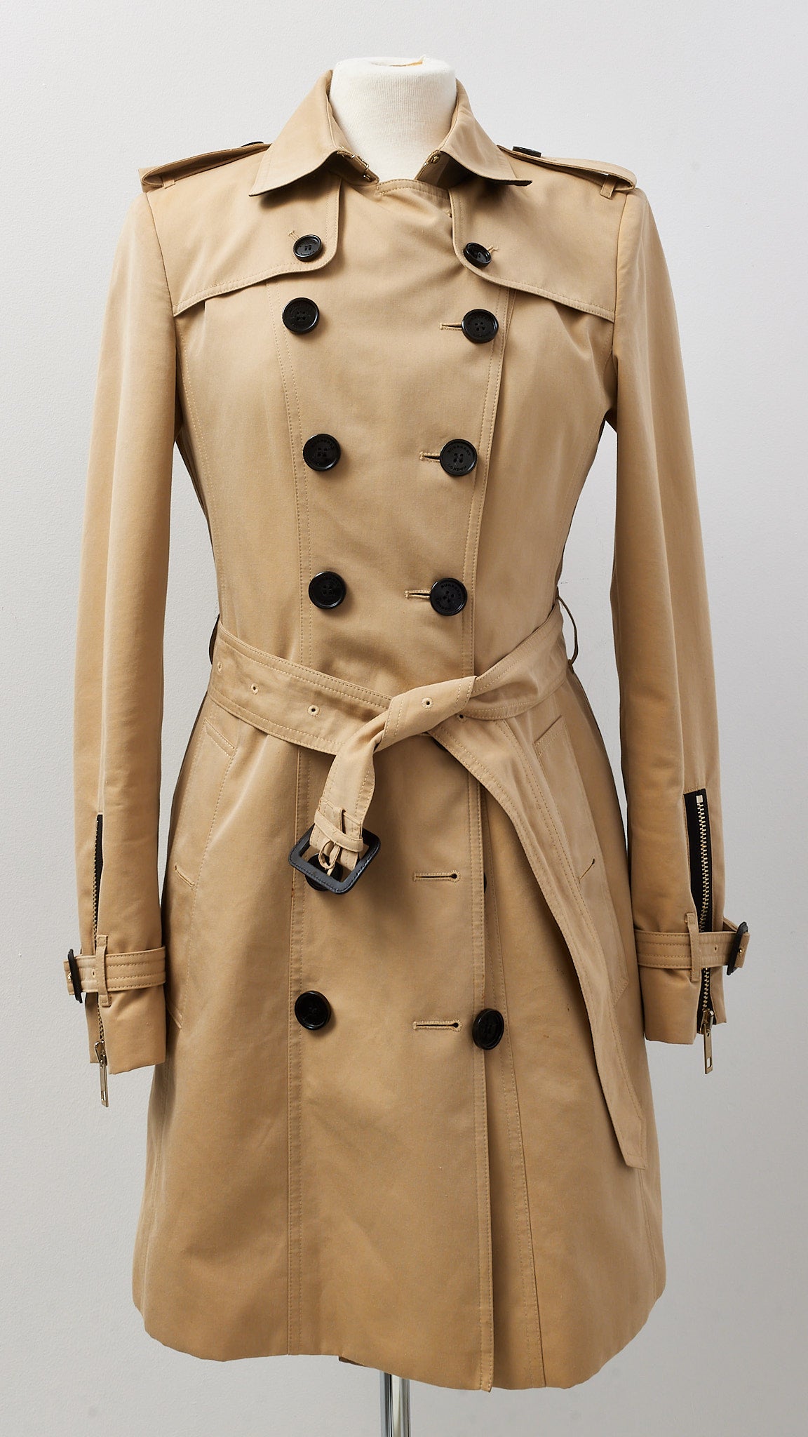 Burberry London Beige Black Detail Zip Trench Coat - US 8