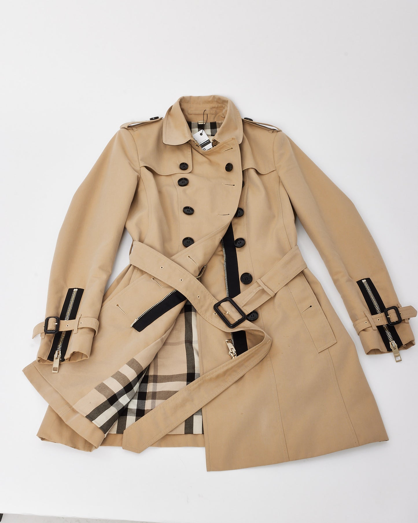 Burberry London Beige Black Detail Zip Trench Coat - US 8