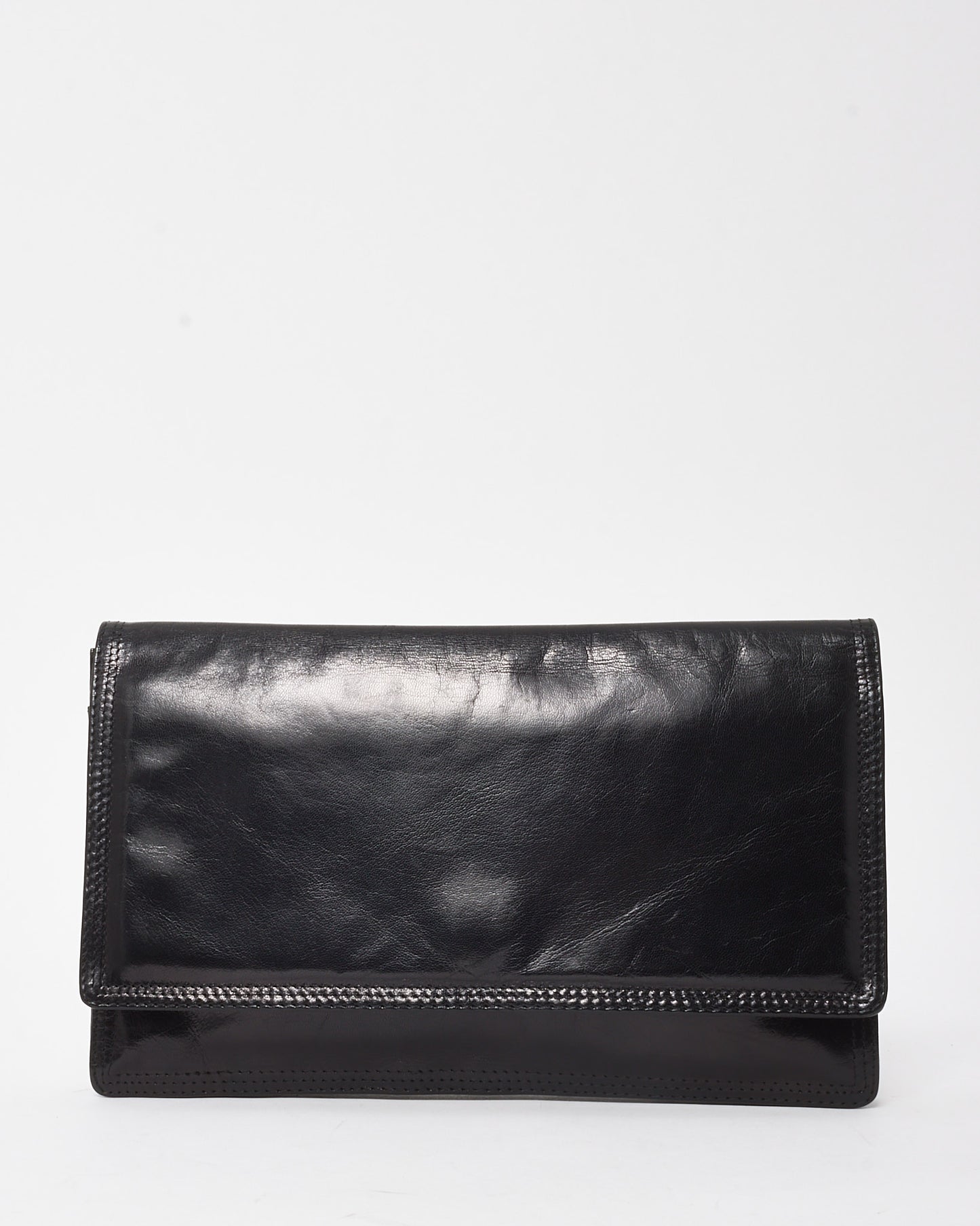 Bottega Veneta Vintage Black Glazed Calfskin Fold Over Clutch