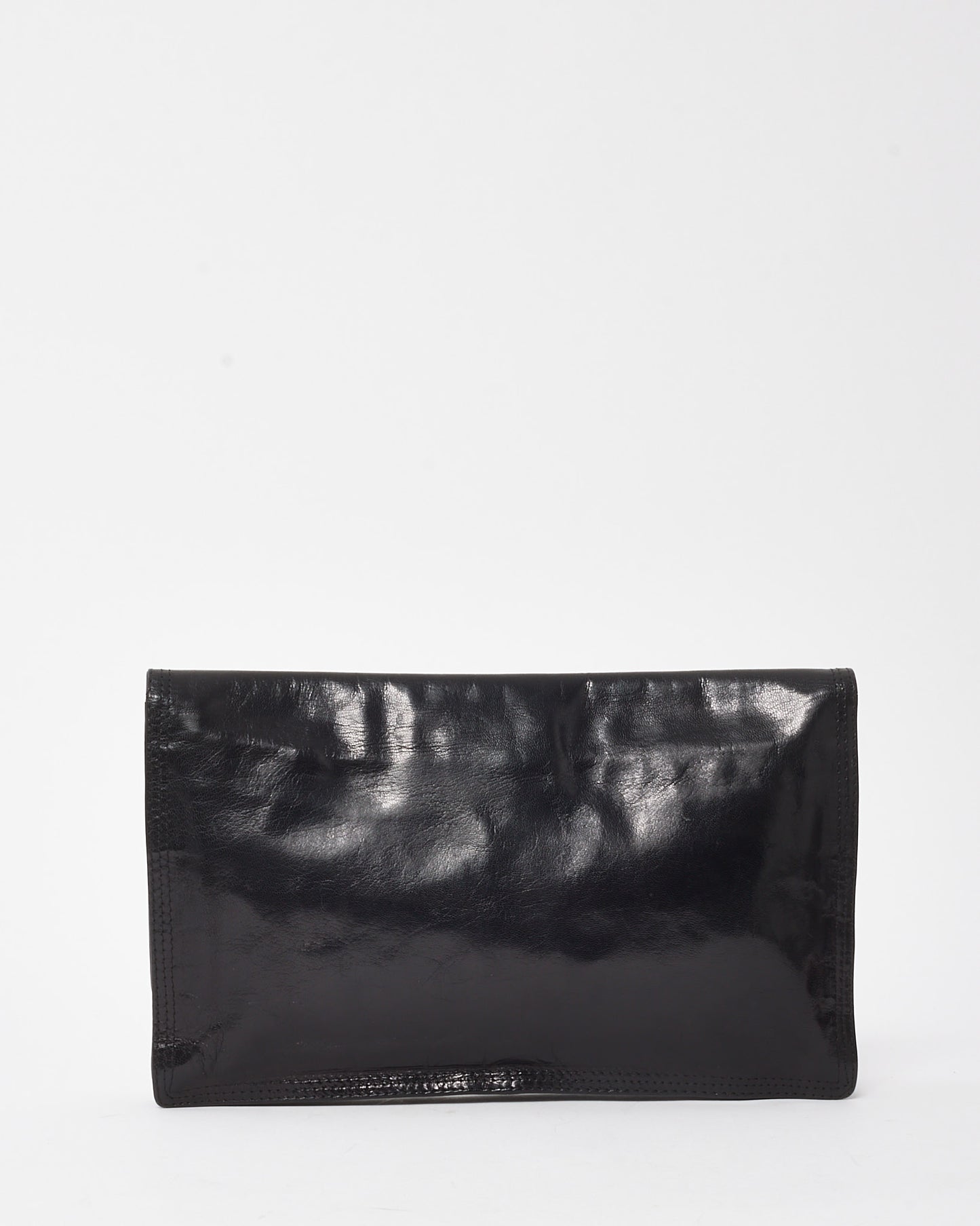 Bottega Veneta Vintage Black Glazed Calfskin Fold Over Clutch