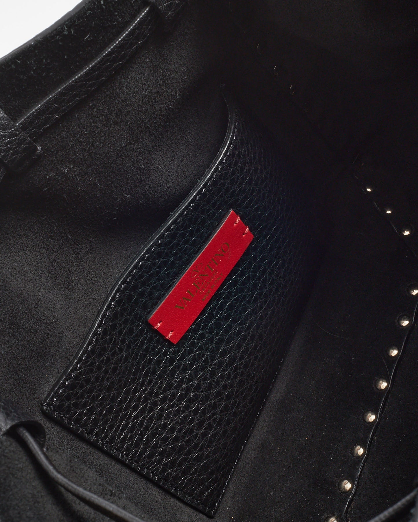 Valentino Black Grained Leather Silver Rockstud Drawstring Bucket Bag