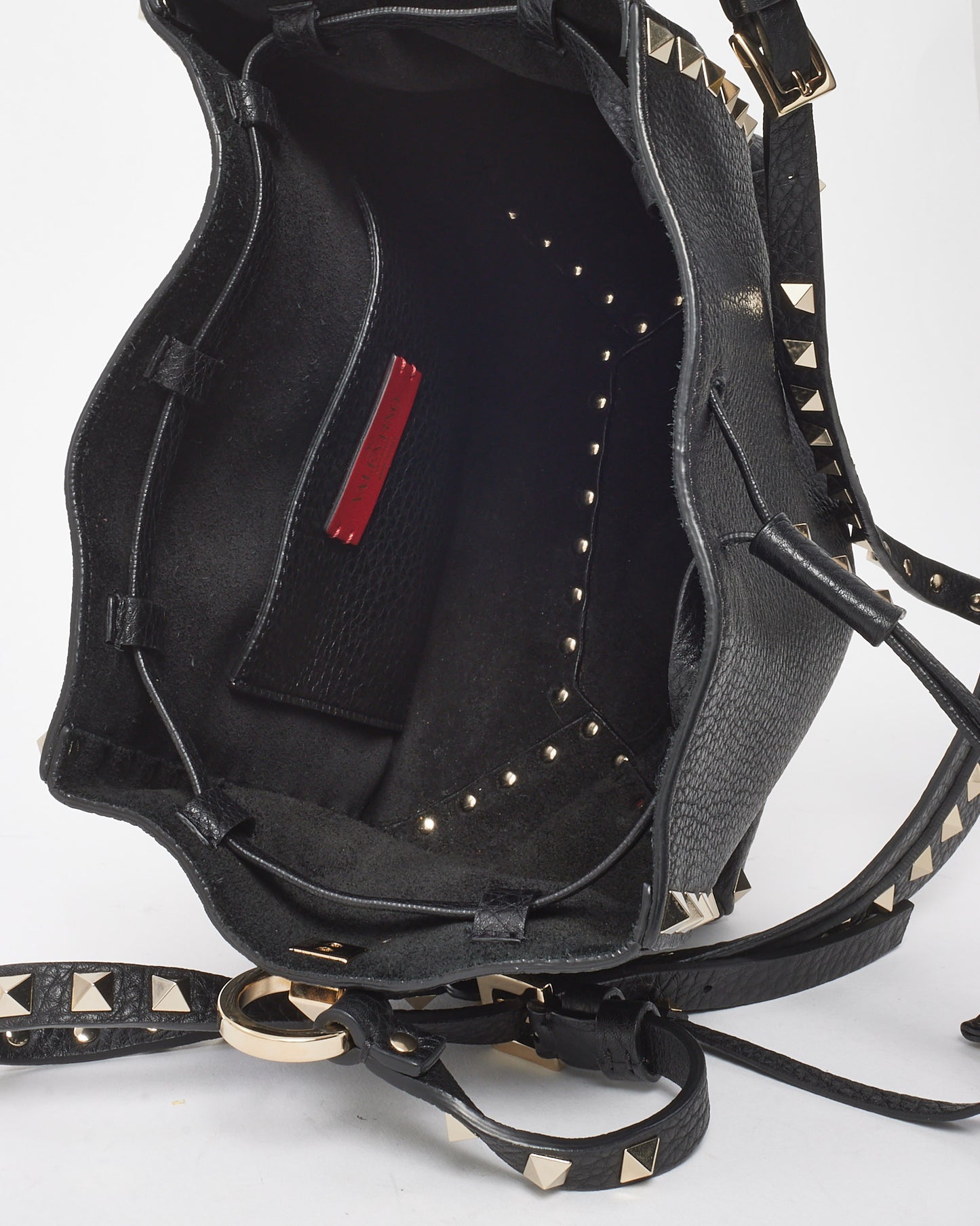Valentino Black Grained Leather Silver Rockstud Drawstring Bucket Bag