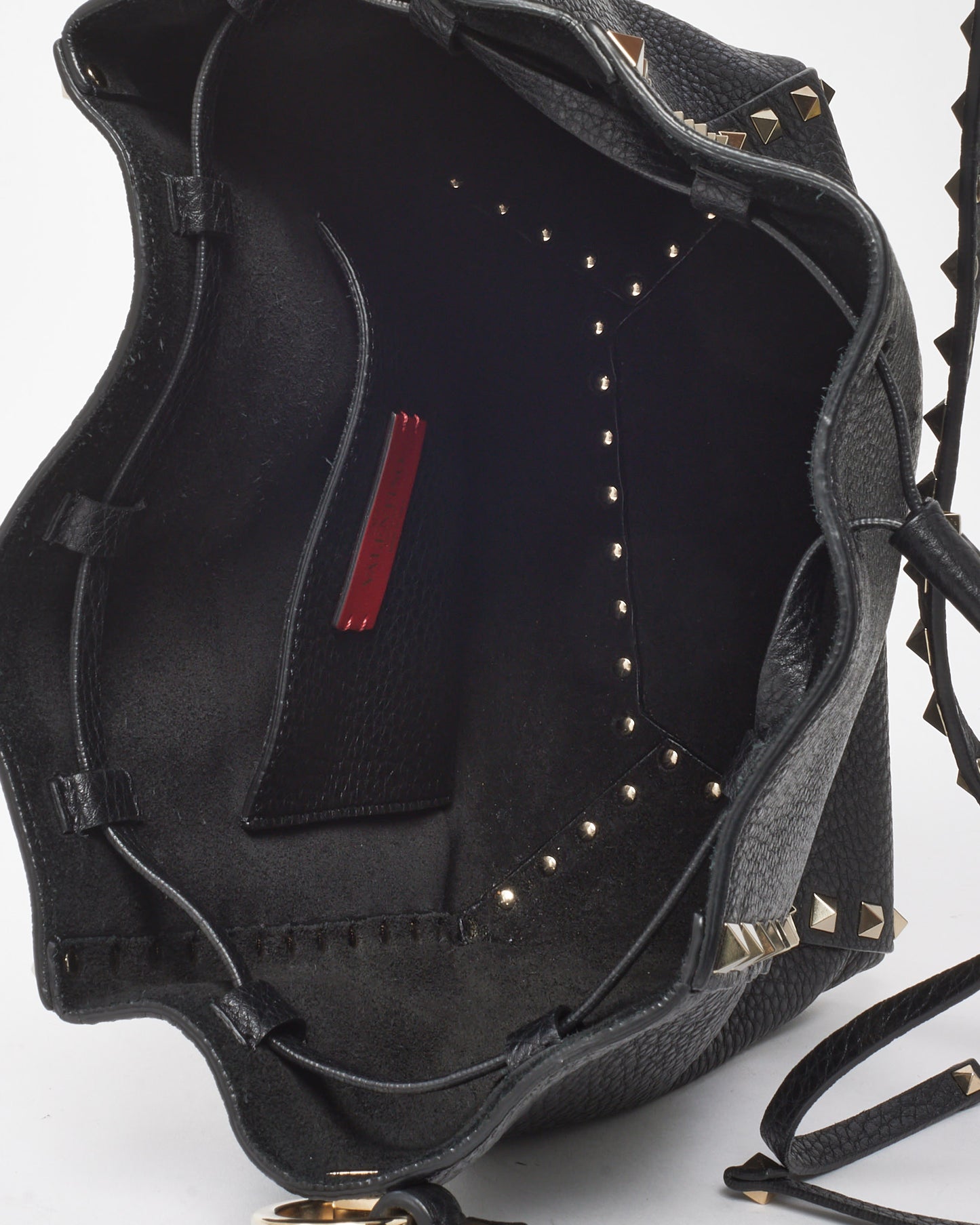 Valentino Black Grained Leather Silver Rockstud Drawstring Bucket Bag