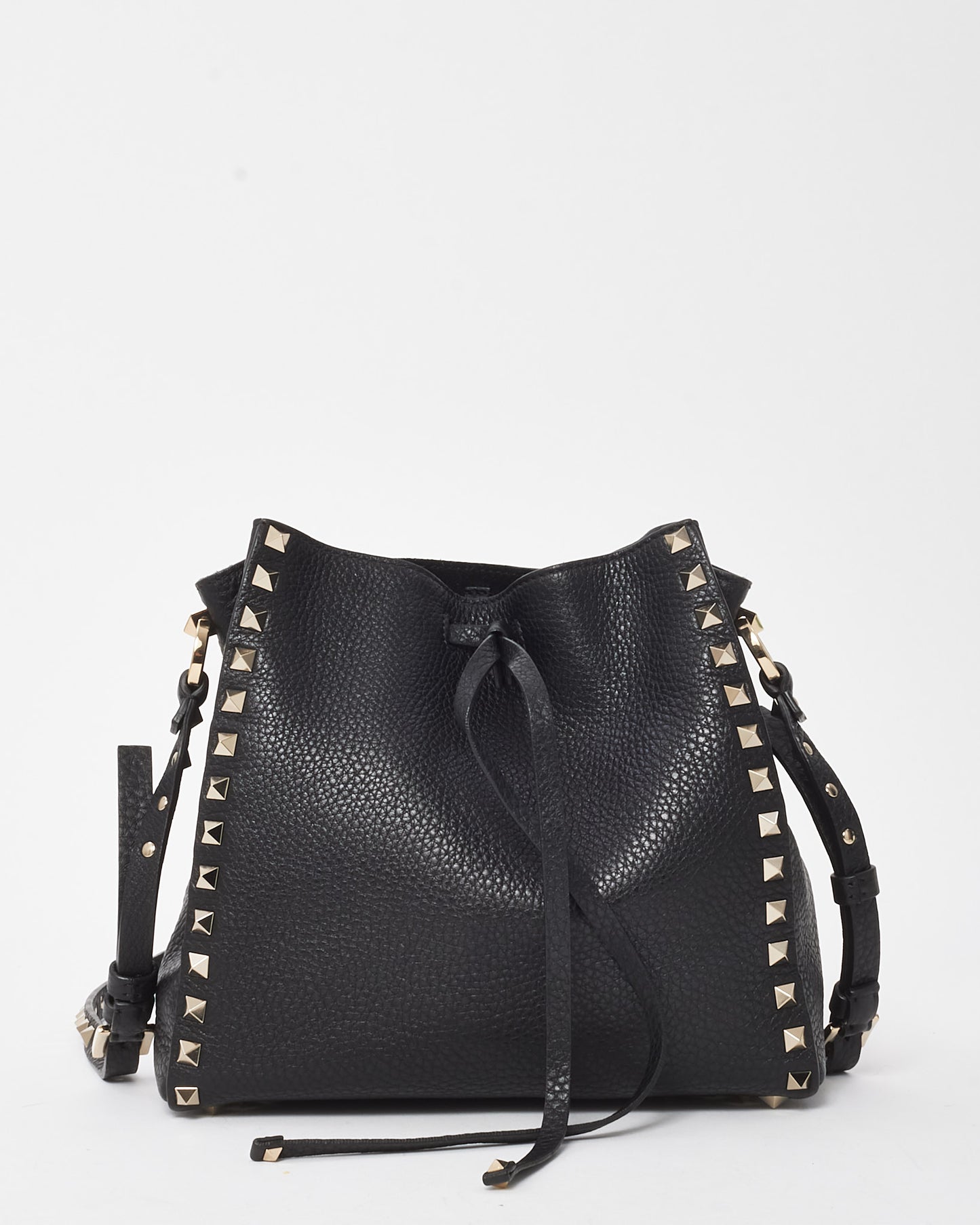 Valentino Black Grained Leather Silver Rockstud Drawstring Bucket Bag
