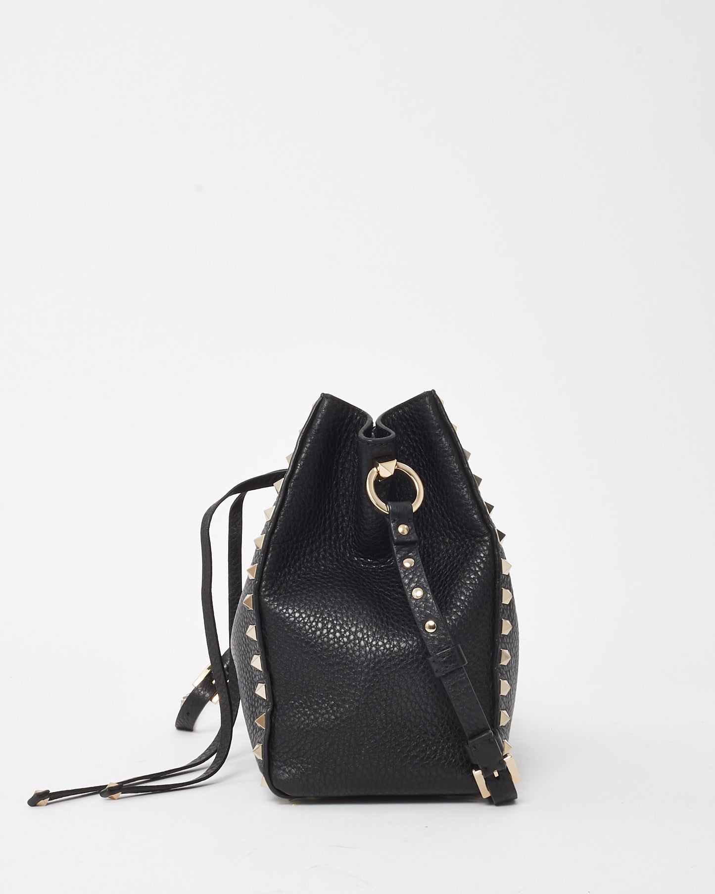 Valentino Black Grained Leather Silver Rockstud Drawstring Bucket Bag
