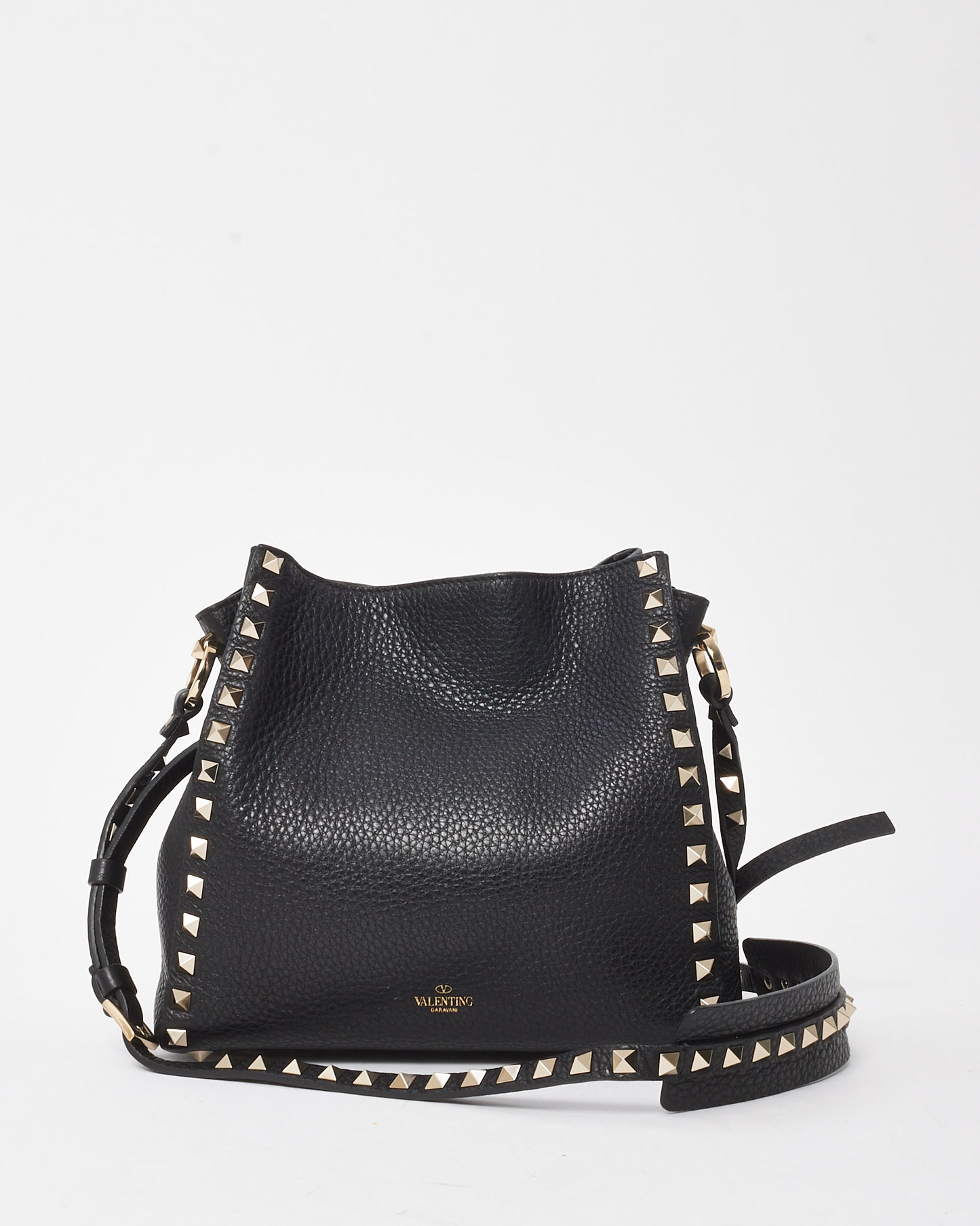 Valentino Black Grained Leather Silver Rockstud Drawstring Bucket Bag
