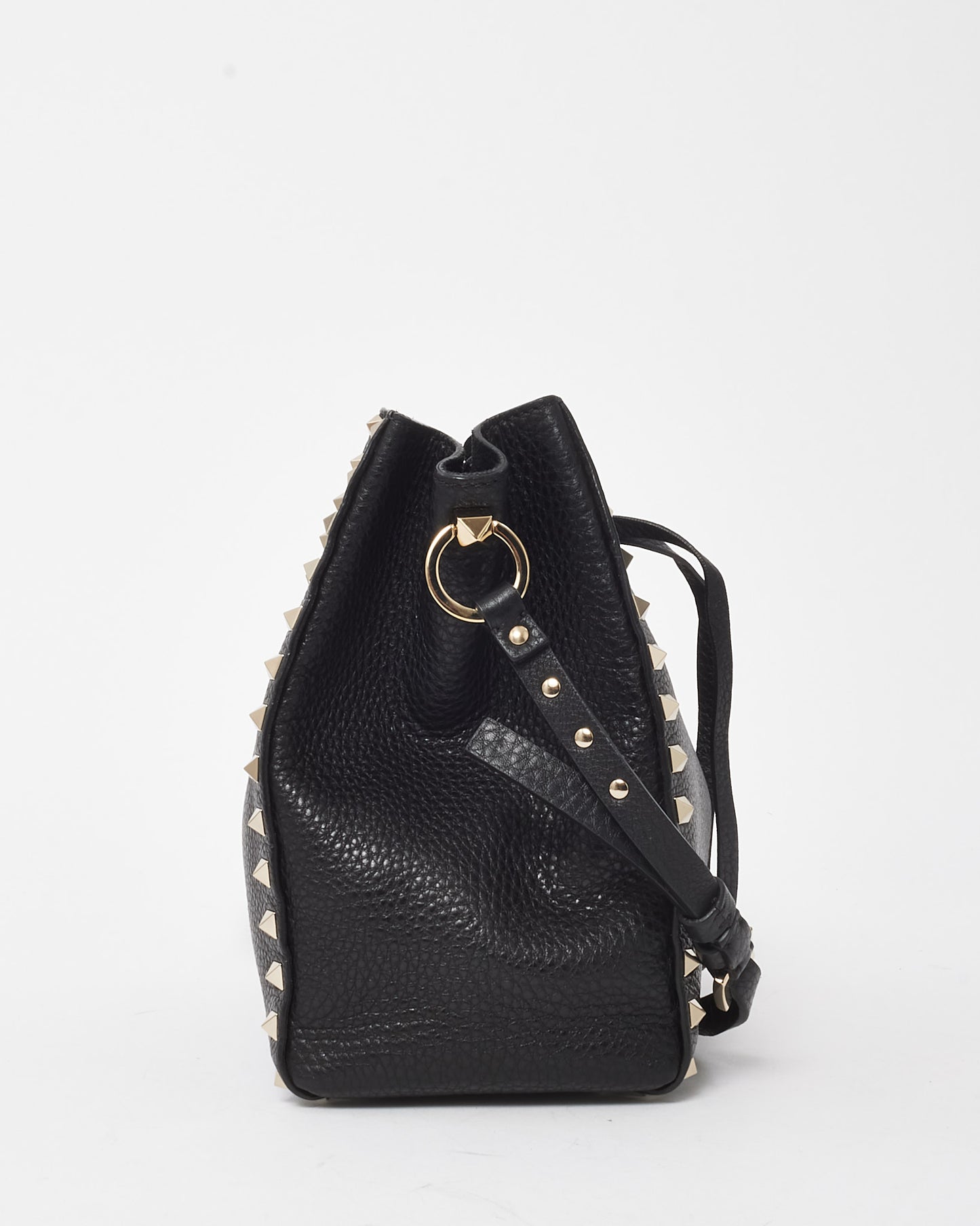 Valentino Black Grained Leather Silver Rockstud Drawstring Bucket Bag