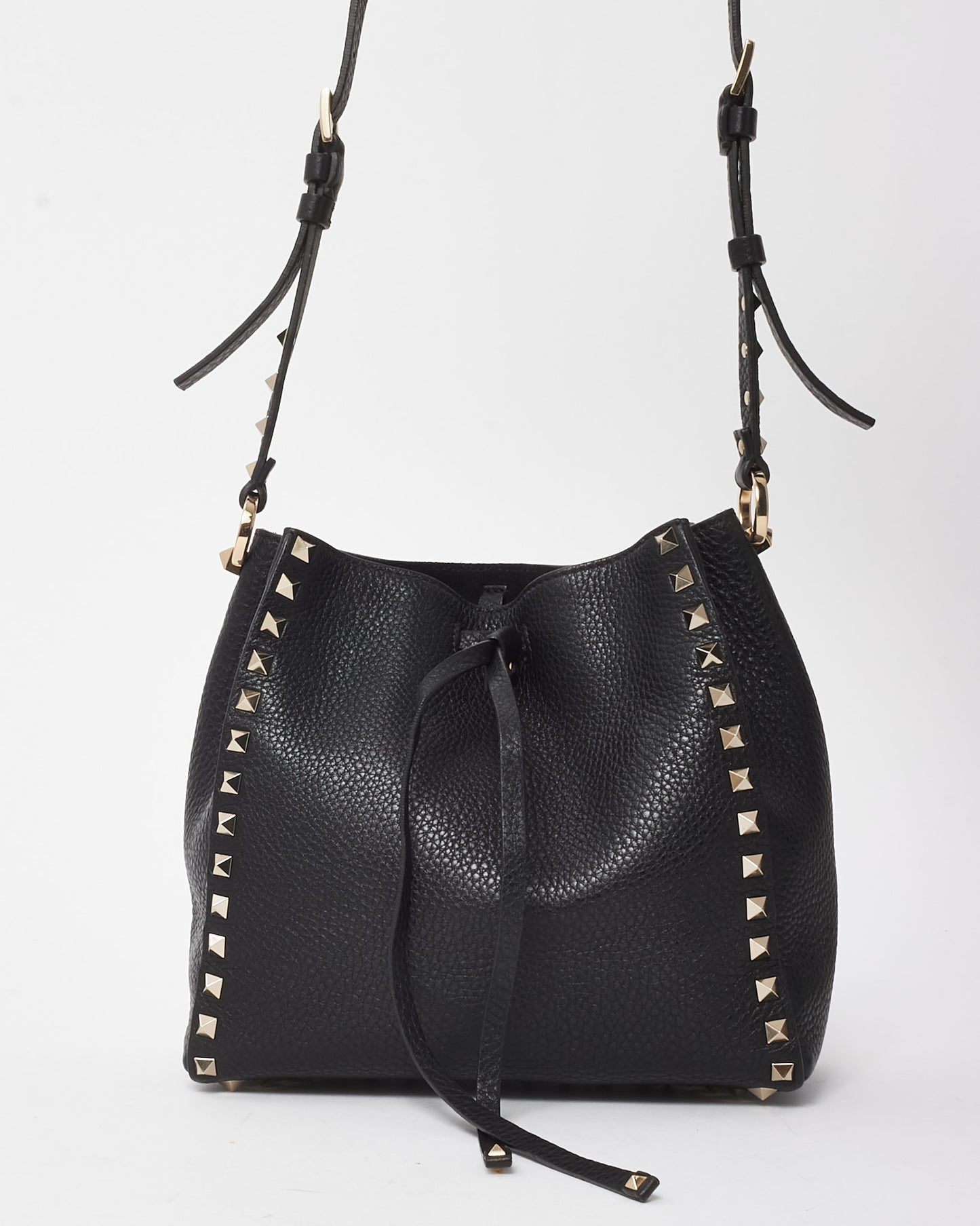 Valentino Black Grained Leather Silver Rockstud Drawstring Bucket Bag