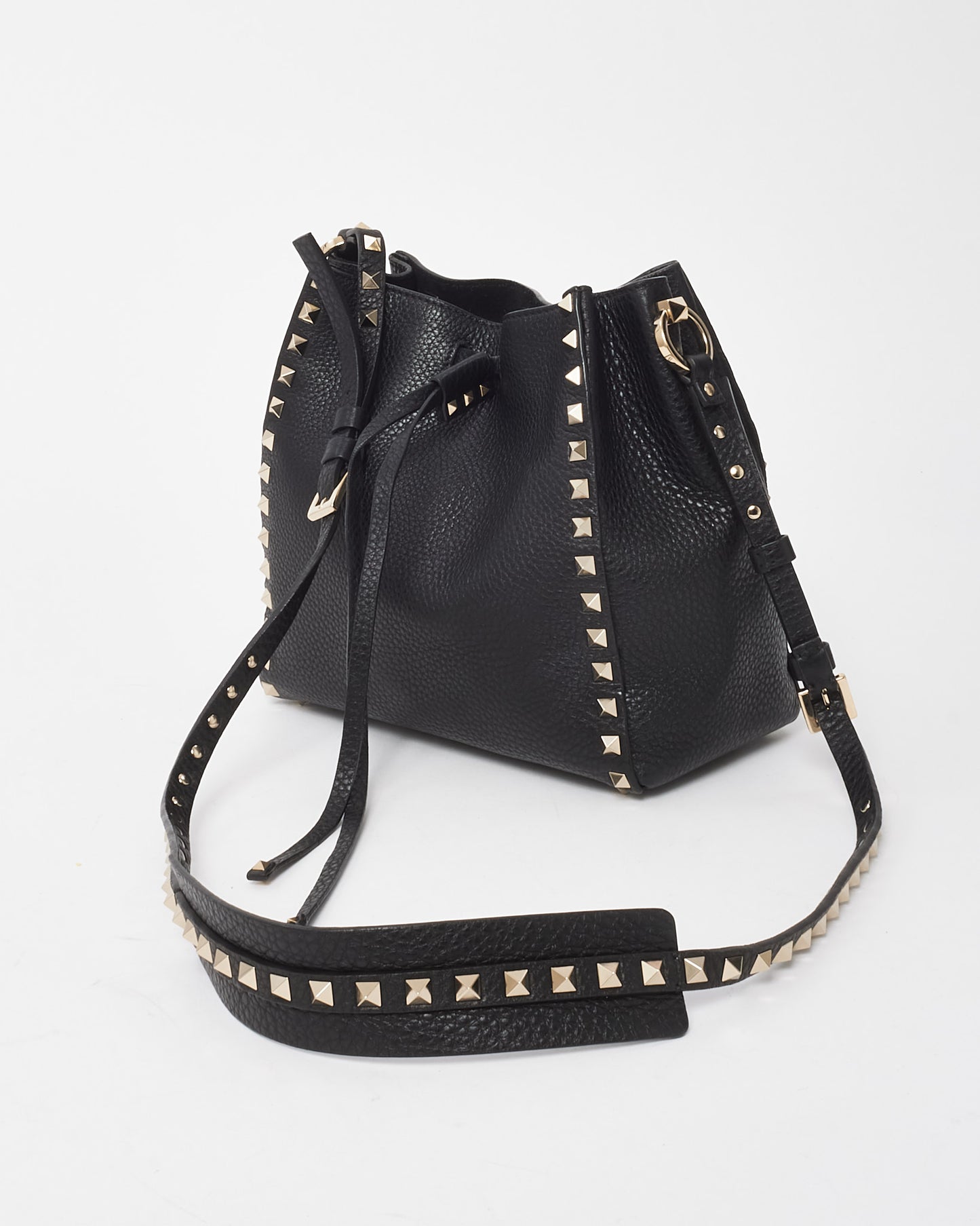 Valentino Black Grained Leather Silver Rockstud Drawstring Bucket Bag