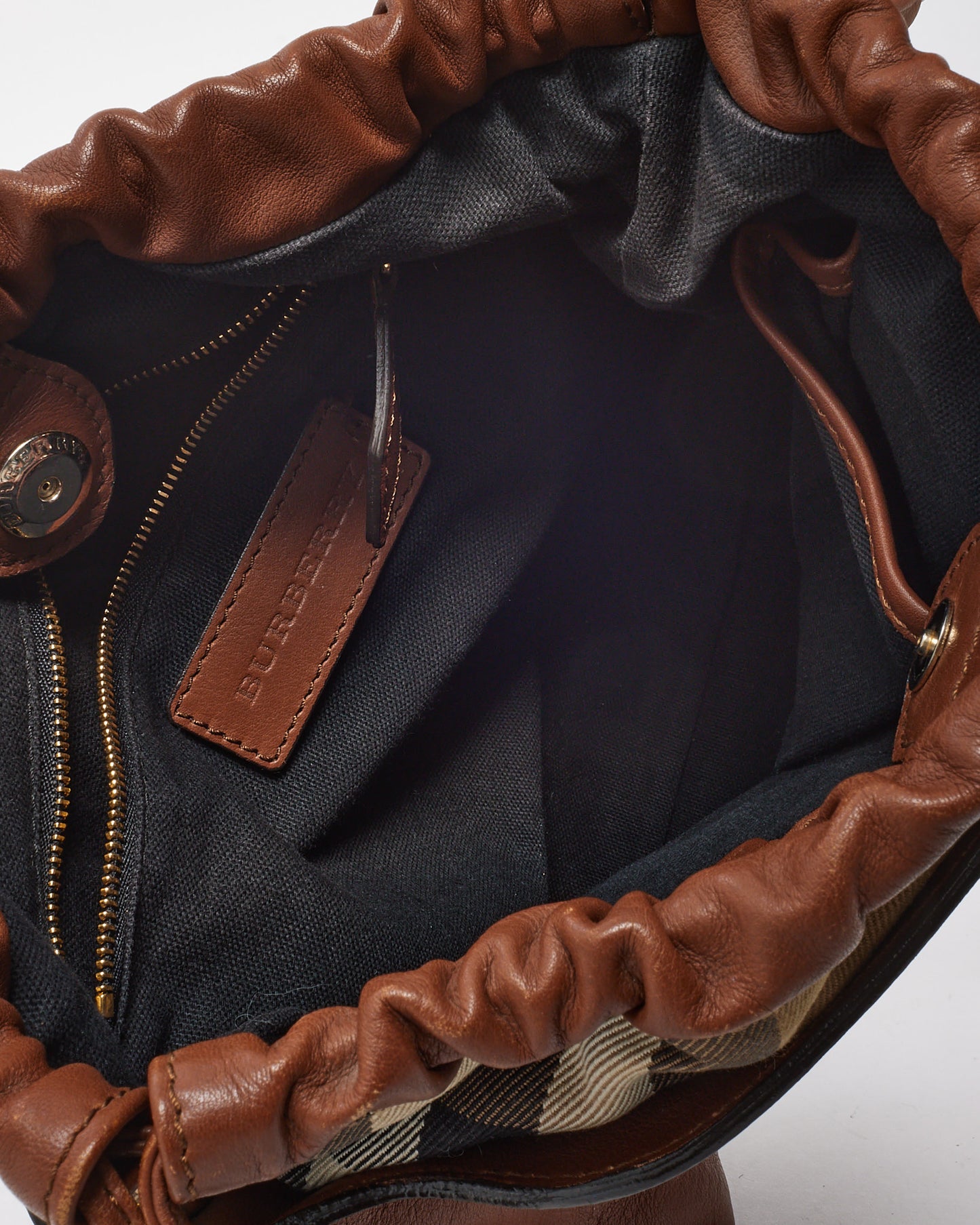 Burberry Brown Leather and Beige House Check Canvas Little Crush Crossbody Bag