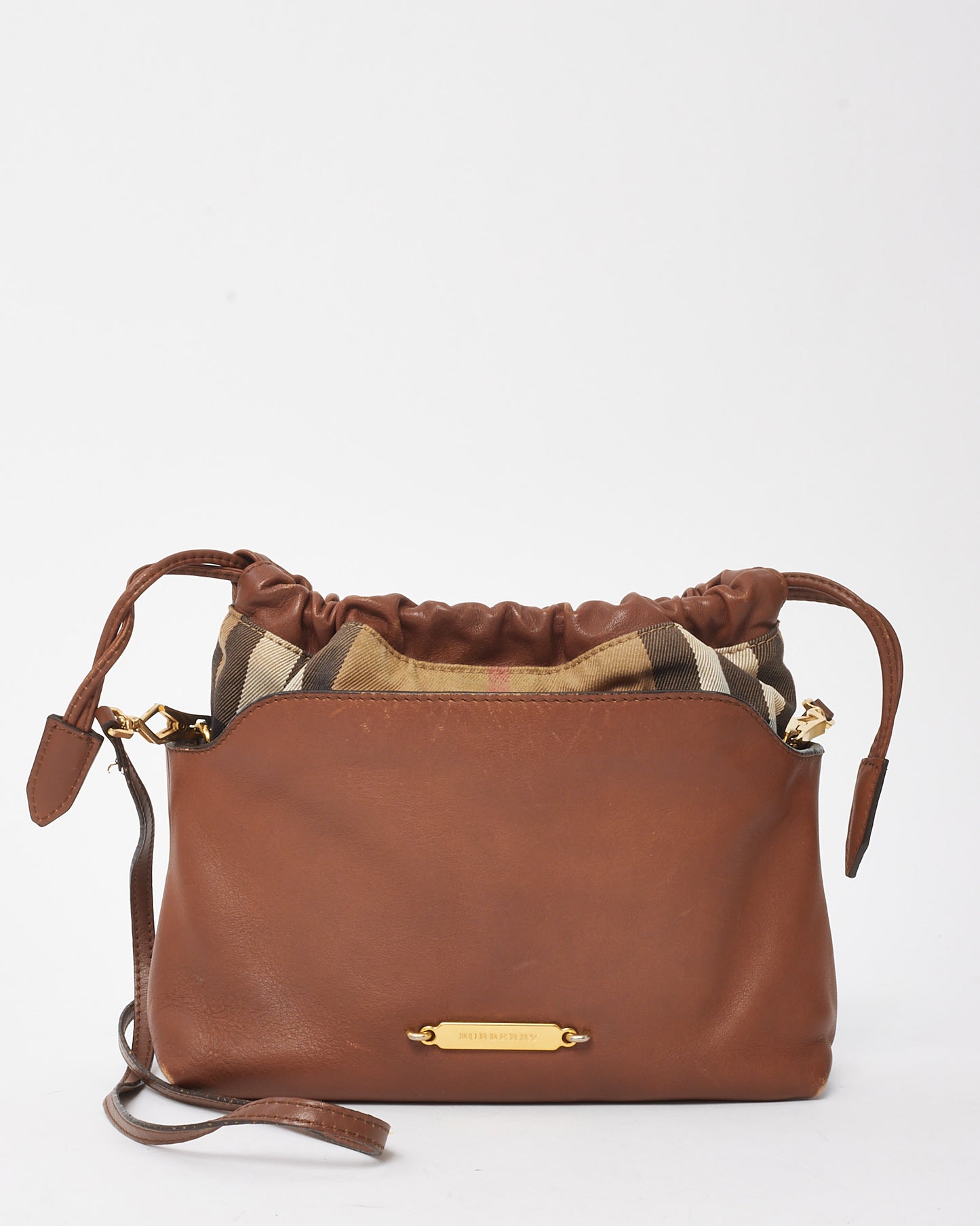 Burberry Brown Leather and Beige House Check Canvas Little Crush Crossbody Bag