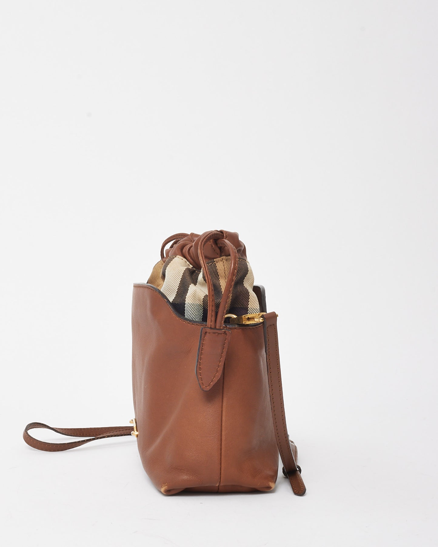 Burberry Brown Leather and Beige House Check Canvas Little Crush Crossbody Bag