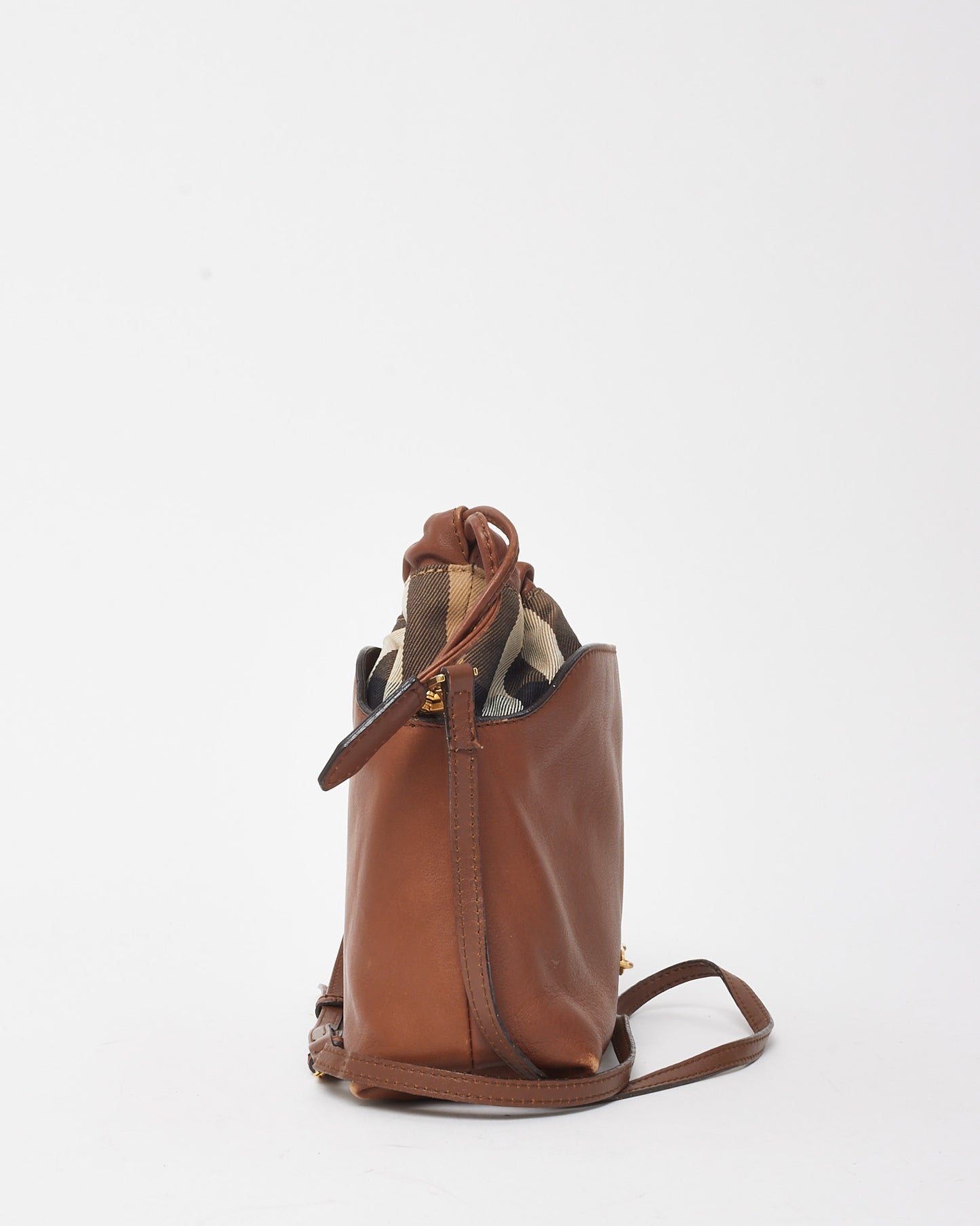 Burberry Brown Leather and Beige House Check Canvas Little Crush Crossbody Bag