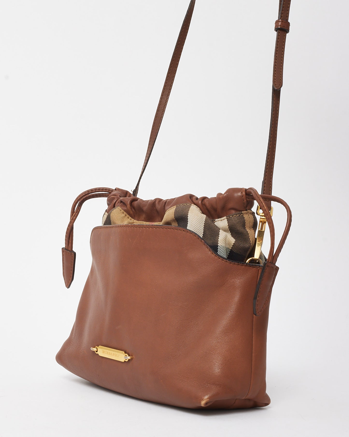 Burberry Brown Leather and Beige House Check Canvas Little Crush Crossbody Bag