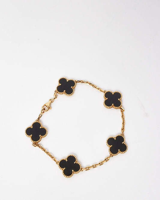 Van Cleef & Arpels 18K Yellow Gold and Black Onyx Vintage Alhambra 5 Motif Bracelet