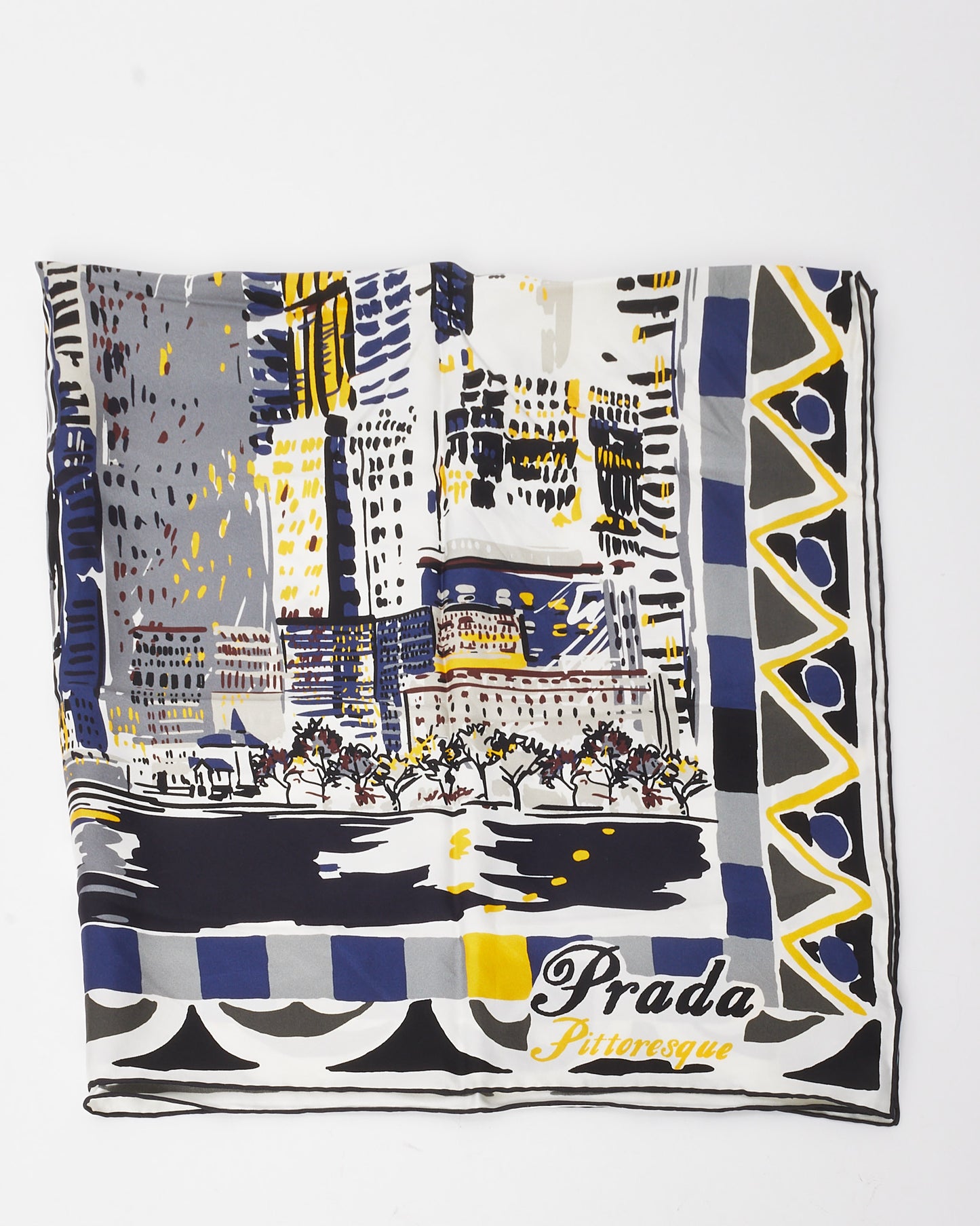 Prada Black/Blue/Yellow Multi Pittoresque New York Printed Silk Scarf
