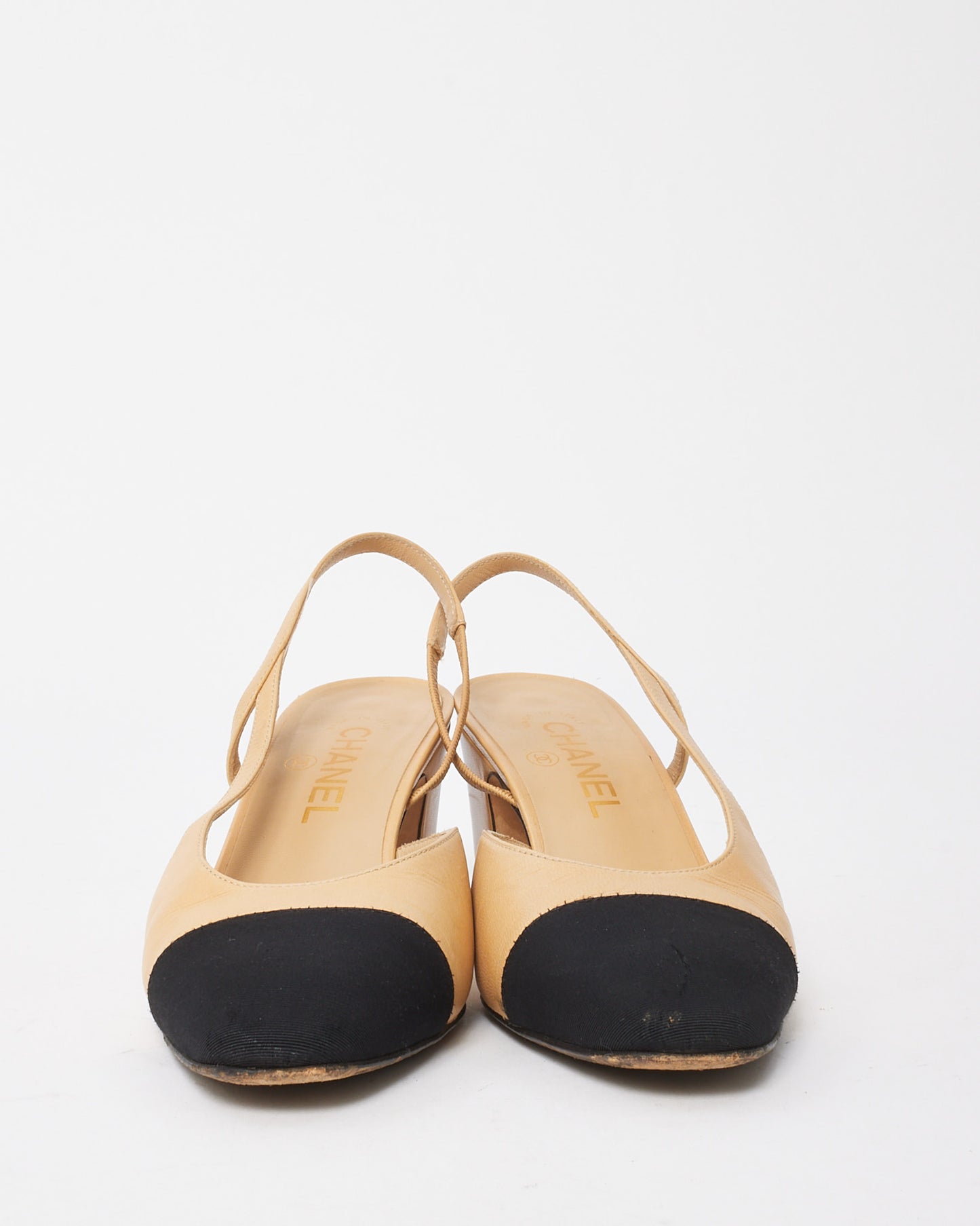 Chanel Beige Leather Black Cap Toe Slingback Pumps - 38.5