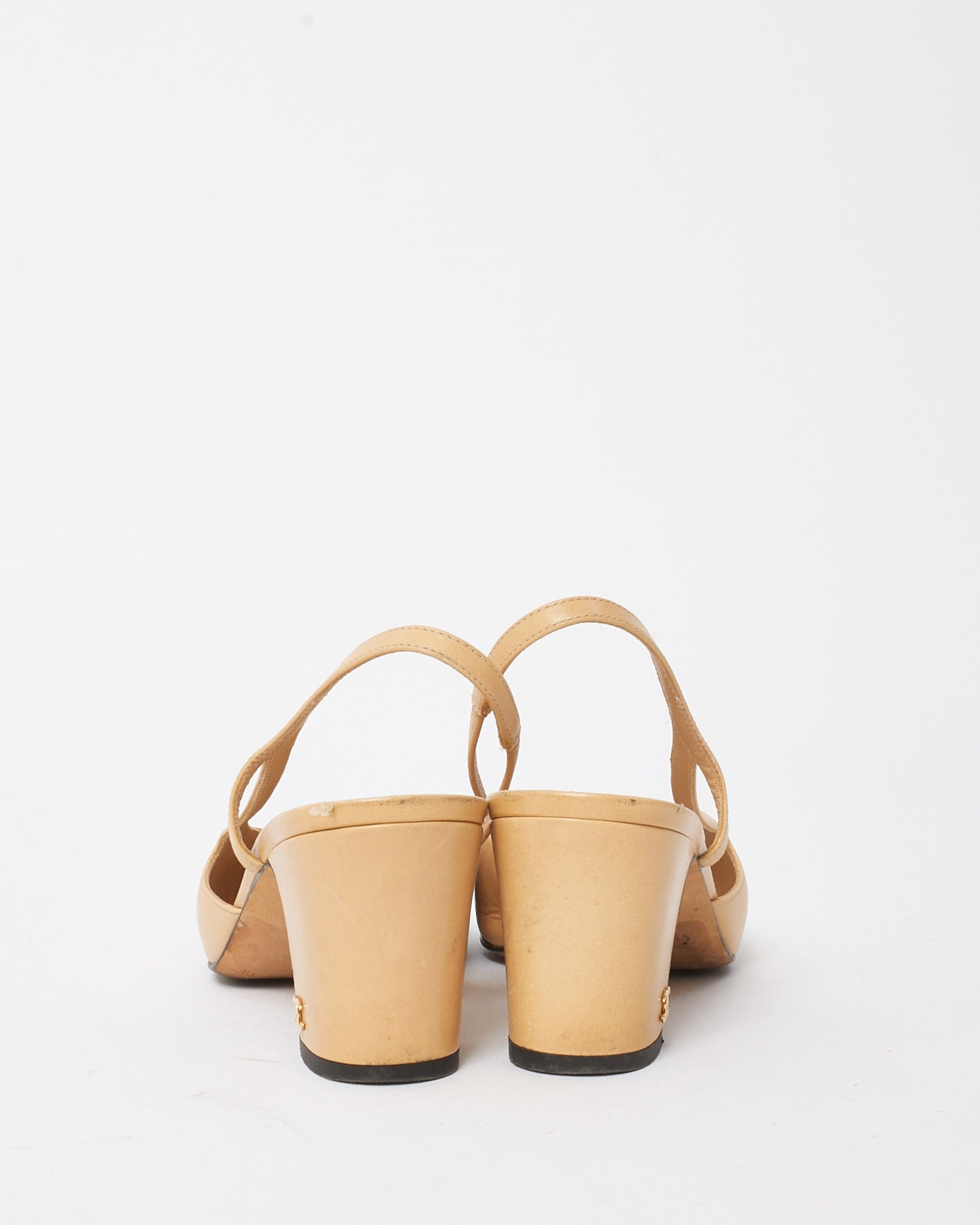 Chanel Beige Leather Black Cap Toe Slingback Pumps - 38.5