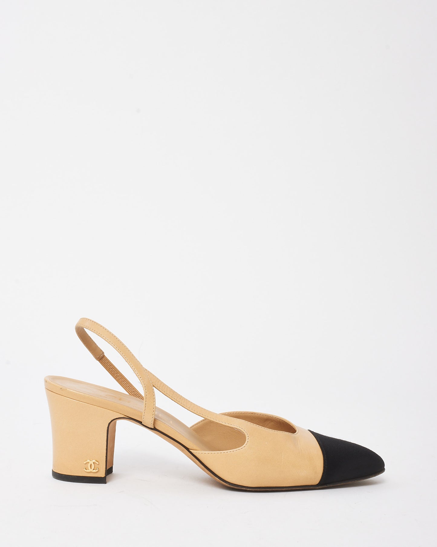 Chanel Beige Leather Black Cap Toe Slingback Pumps - 38.5