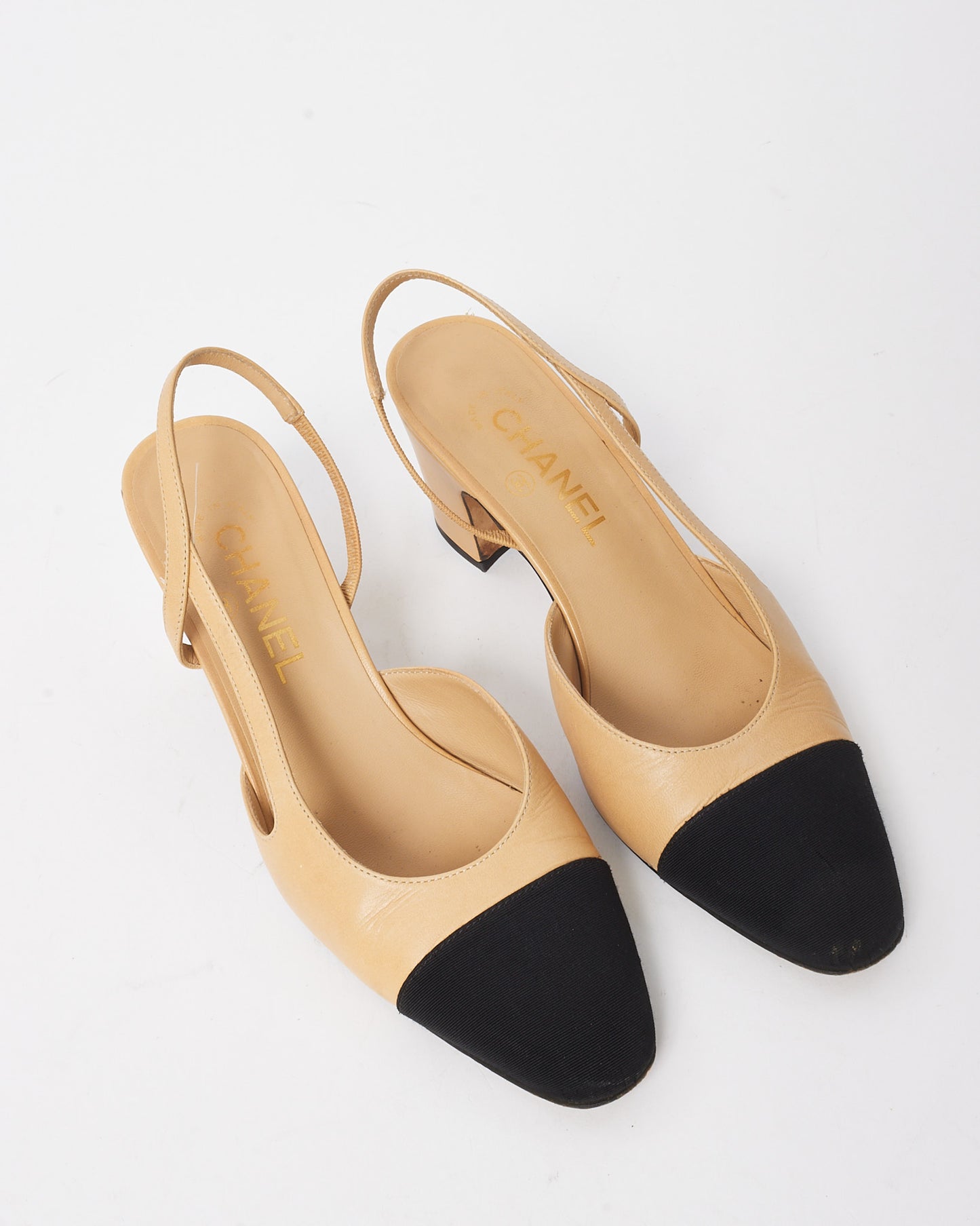 Chanel Beige Leather Black Cap Toe Slingback Pumps - 38.5