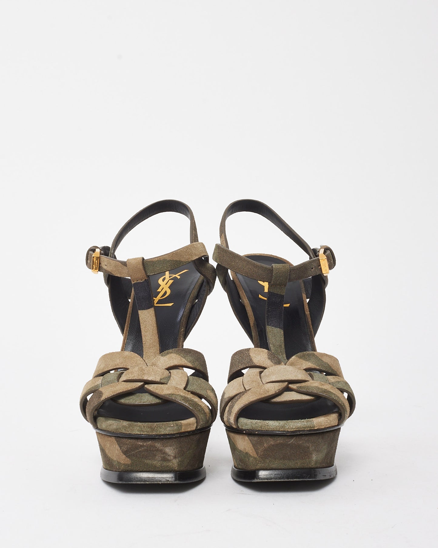 Saint Laurent Green Suede Camouflage Print Tribute 105 Platform Sandals - 35.5