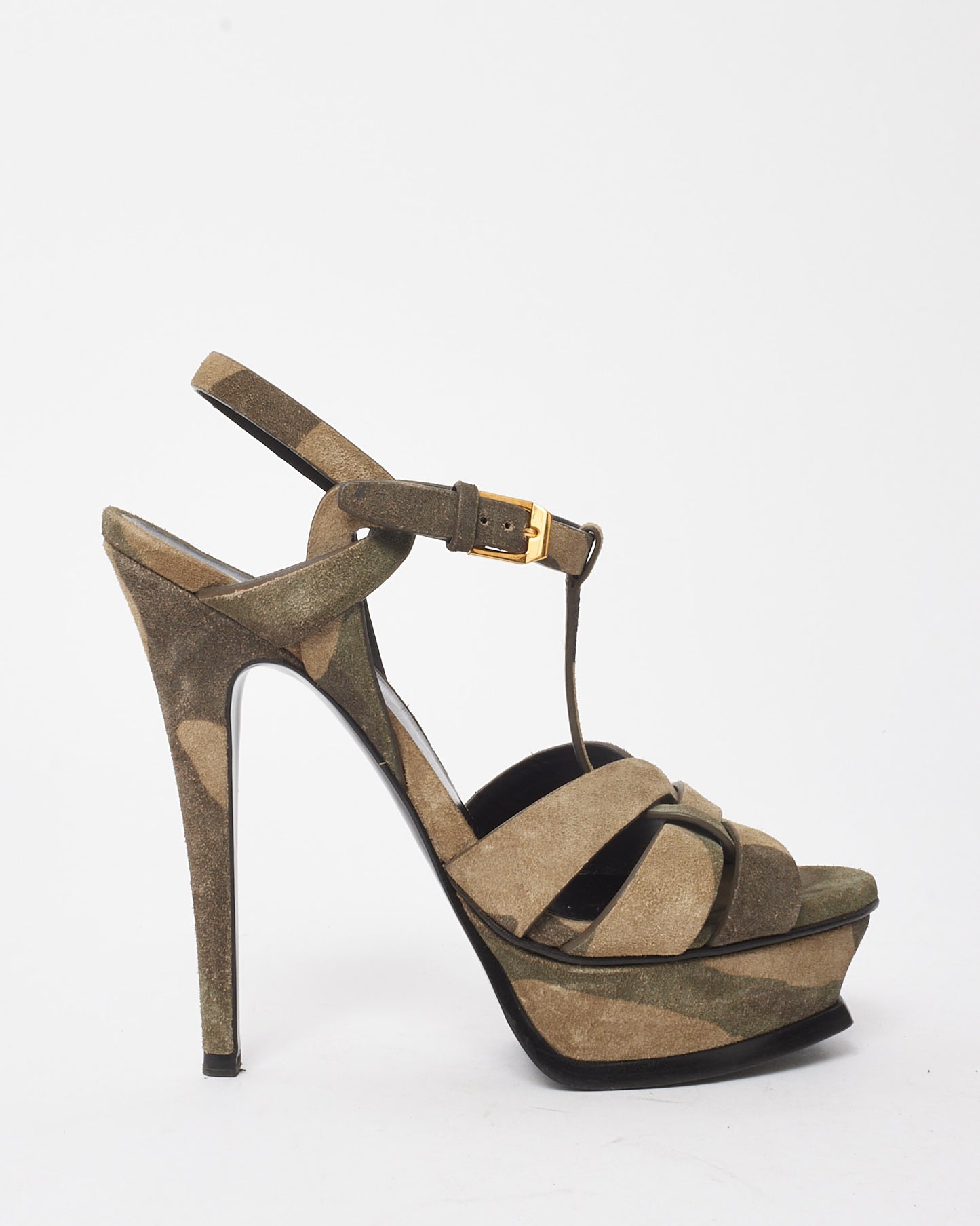 Saint Laurent Green Suede Camouflage Print Tribute 105 Platform Sandals - 35.5