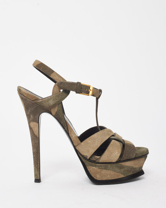 Saint Laurent Green Suede Camouflage Print Tribute 105 Platform Sandals - 35.5