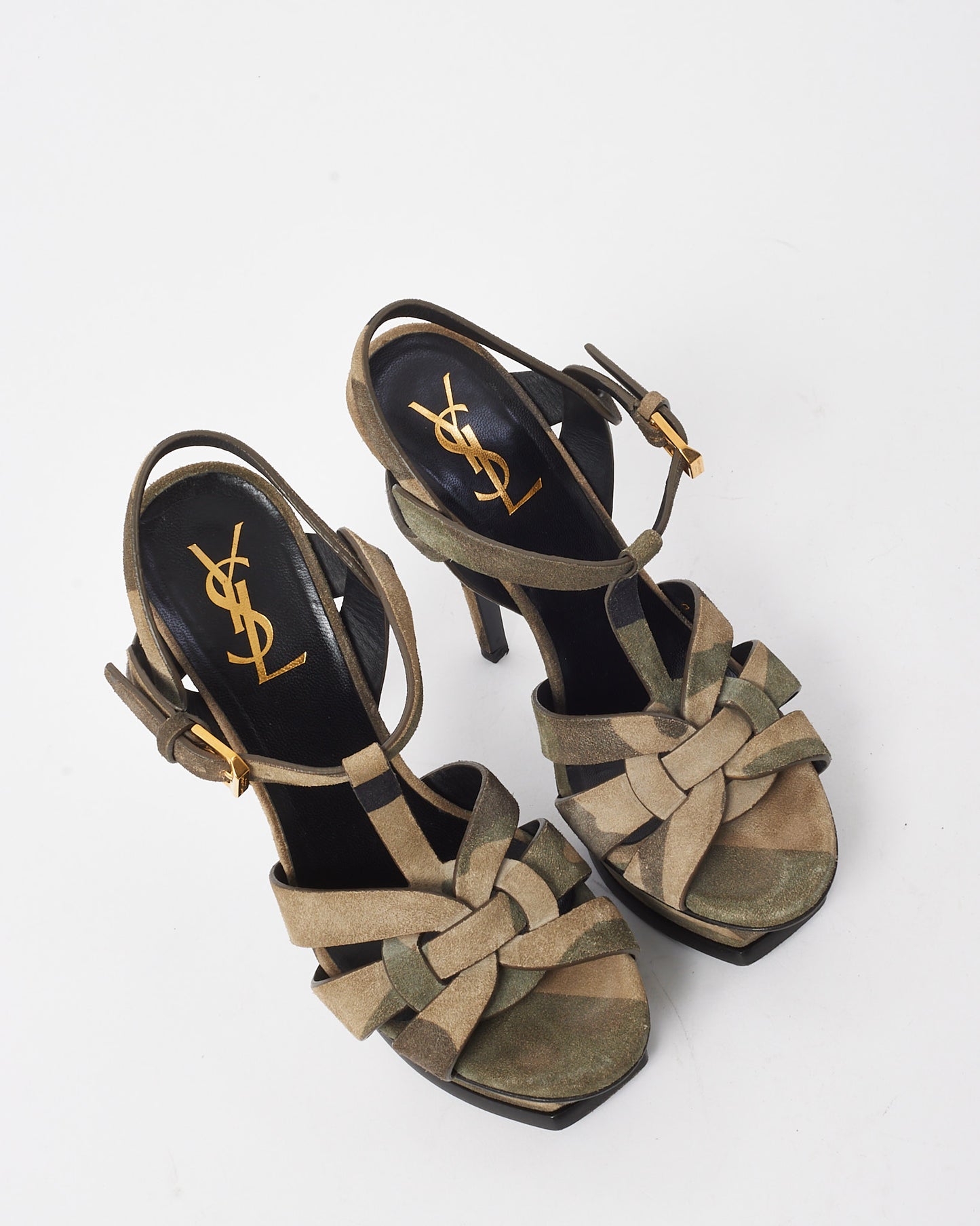Saint Laurent Green Suede Camouflage Print Tribute 105 Platform Sandals - 35.5