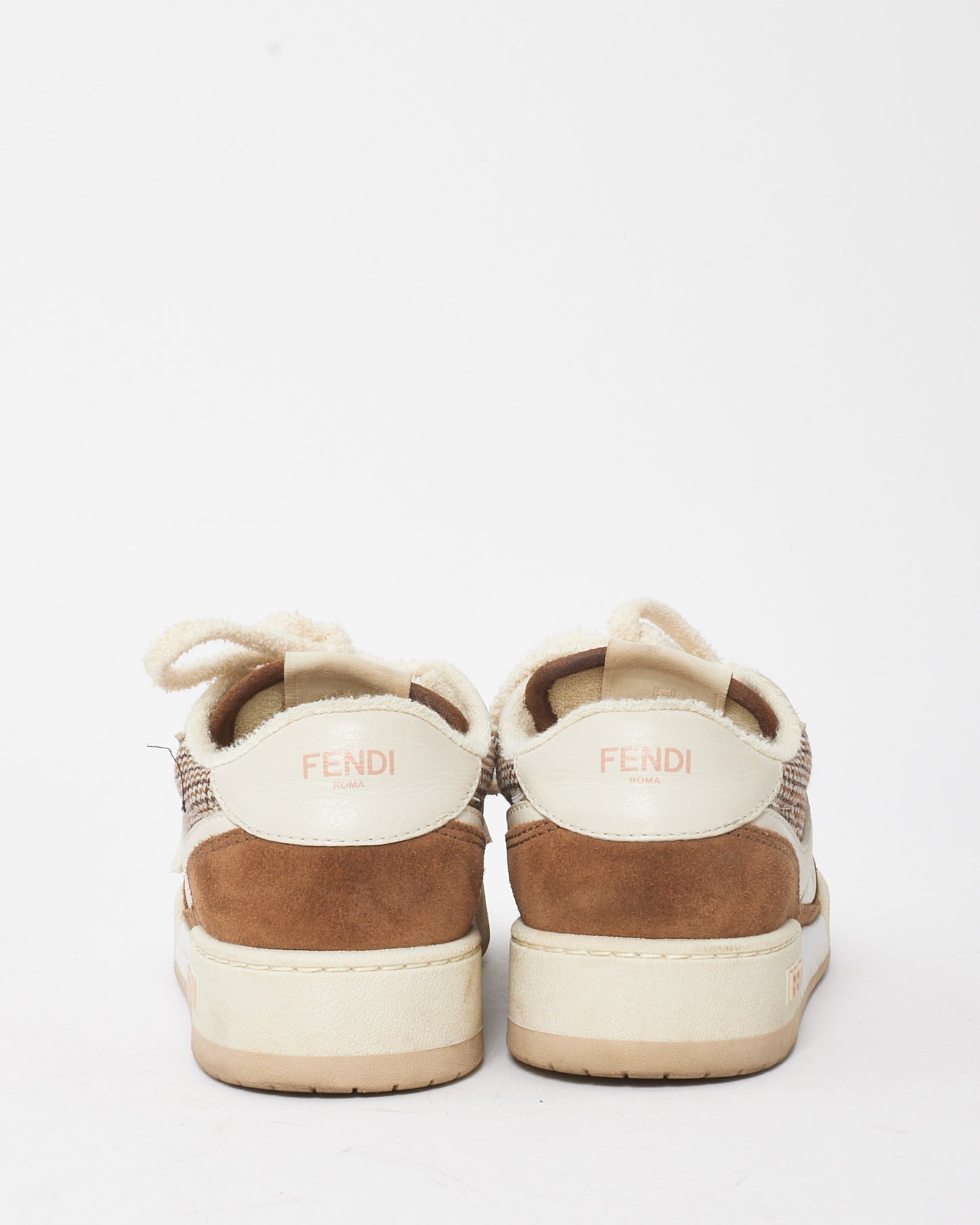 Fendi Cream Leather Brown Suede and Houndstooth Low Top Match Sneakers - 36