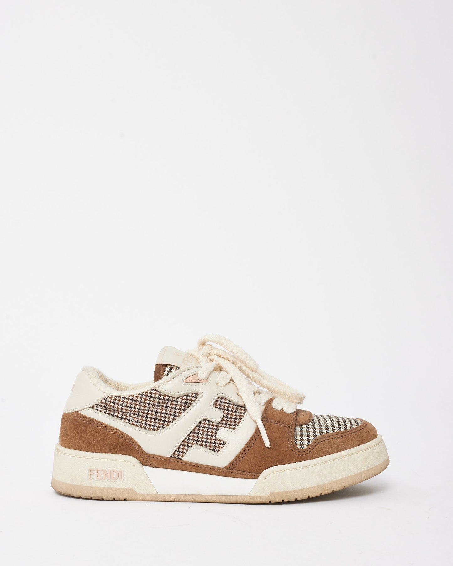 Fendi Cream Leather Brown Suede and Houndstooth Low Top Match Sneakers - 36