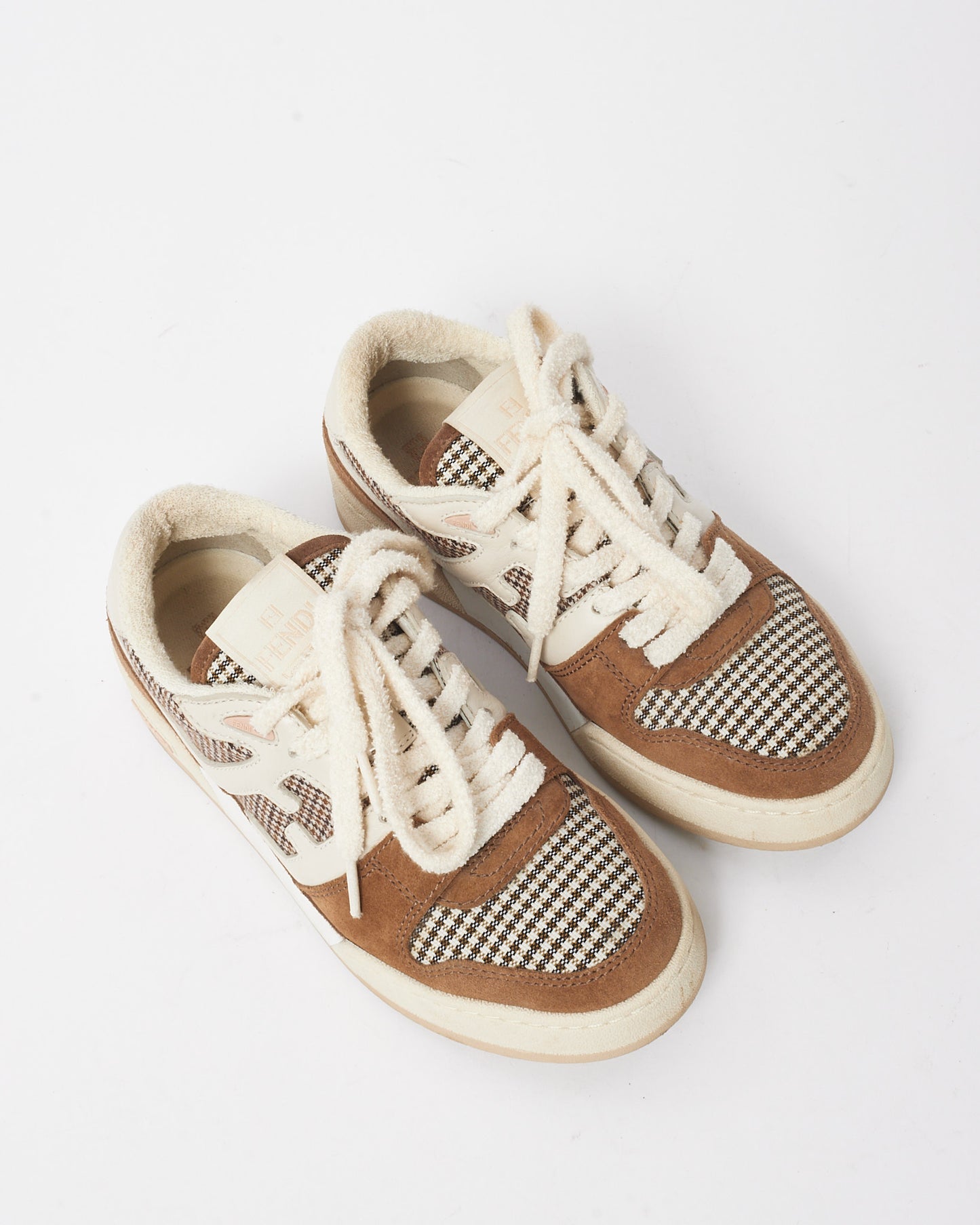 Fendi Cream Leather Brown Suede and Houndstooth Low Top Match Sneakers - 36