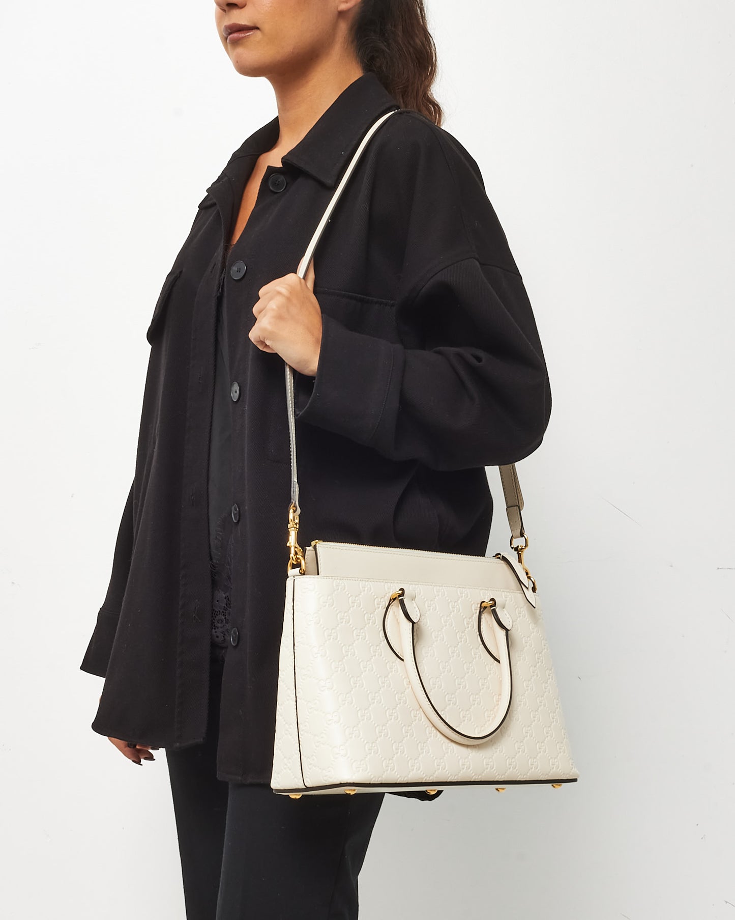 Gucci White GG Guccissima Embossed Leather 2Way Convertible Tote Bag