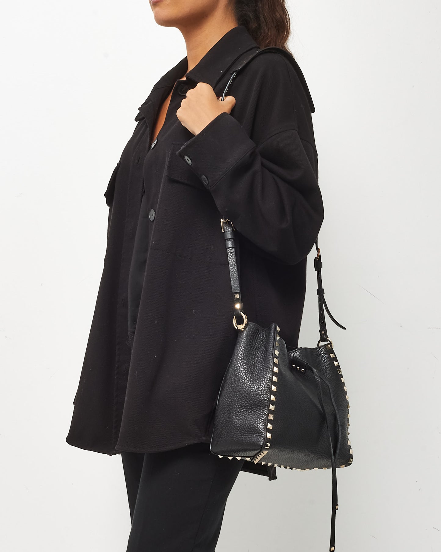 Valentino Black Grained Leather Silver Rockstud Drawstring Bucket Bag