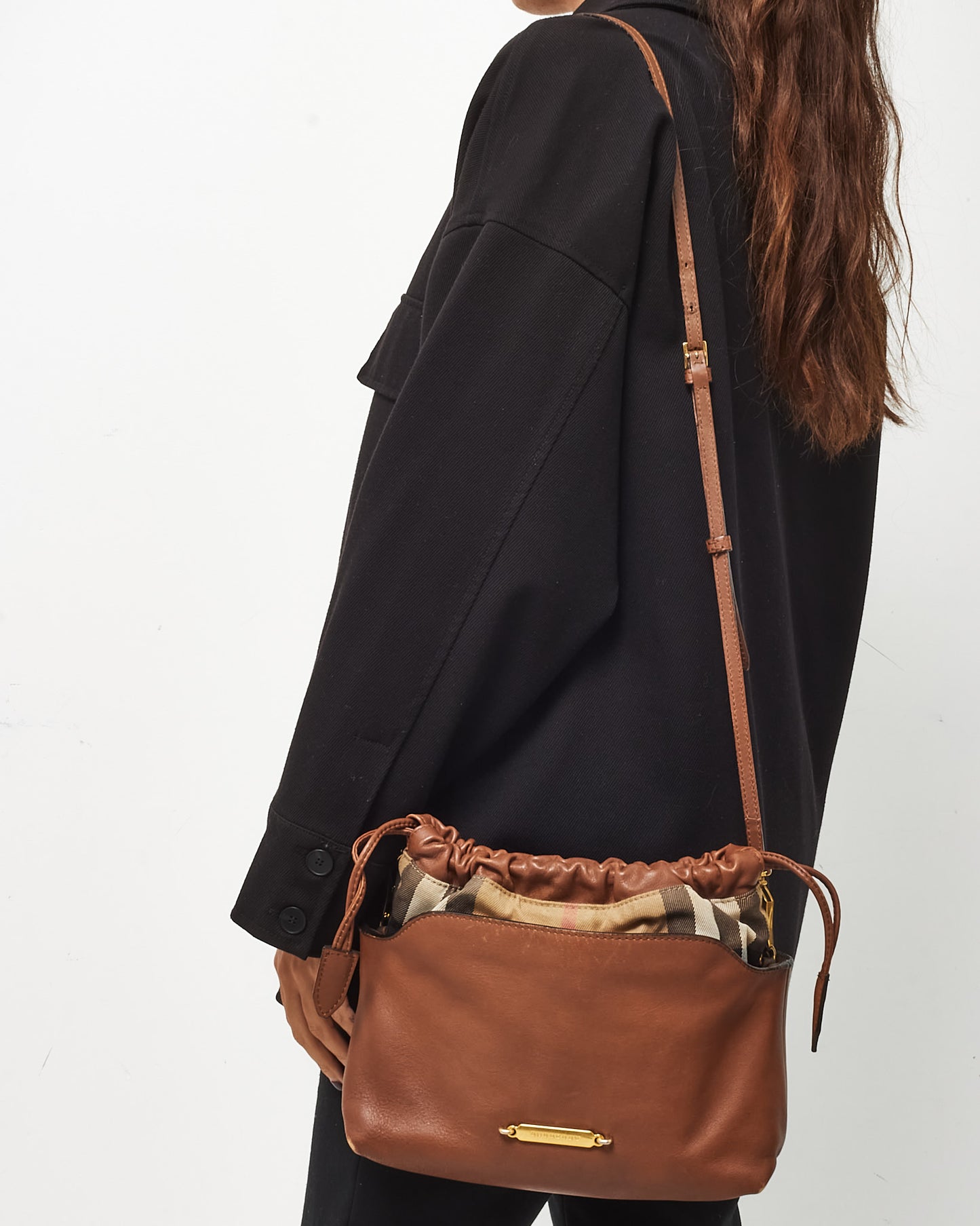 Burberry Brown Leather and Beige House Check Canvas Little Crush Crossbody Bag