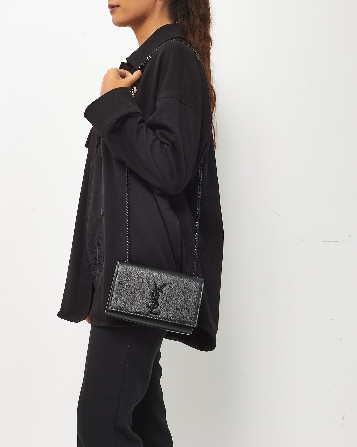 Saint Laurent Black Grain De Poudre Leather Black YSL Logo Small Kate Bag