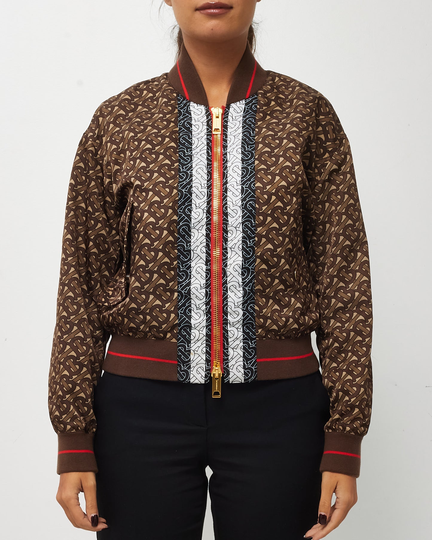 Burberry Brown TB Monogram All Over Nylon Zip Up Oversize Bomber Jacket - 2