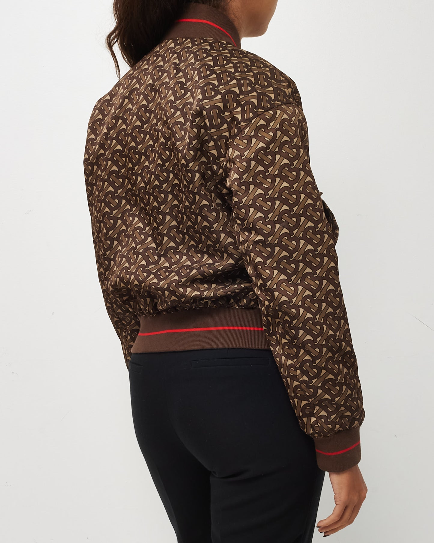 Burberry Brown TB Monogram All Over Nylon Zip Up Oversize Bomber Jacket - 2