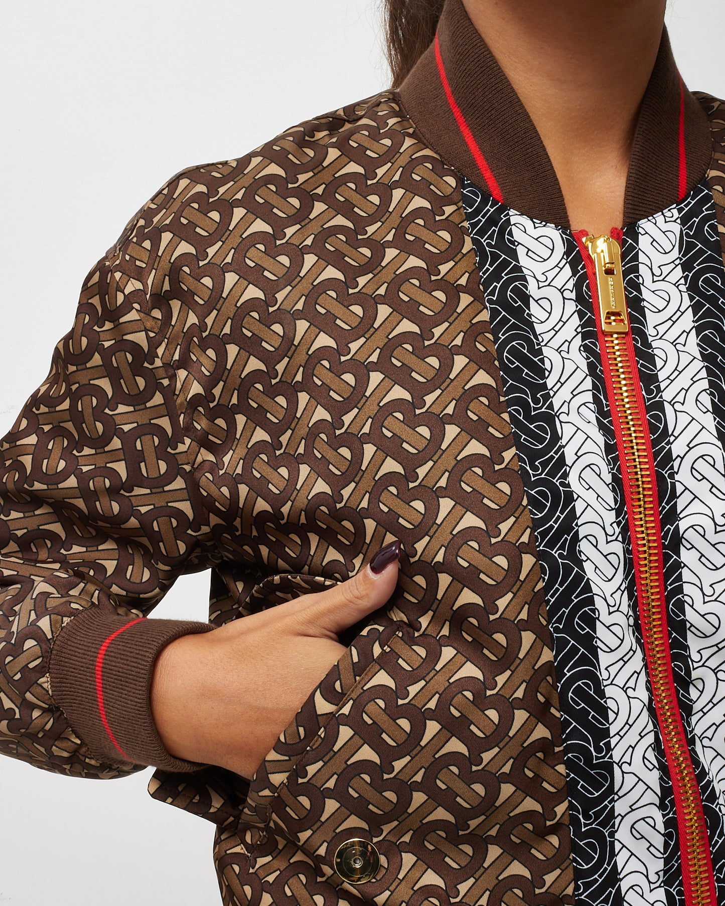 Burberry Brown TB Monogram All Over Nylon Zip Up Oversize Bomber Jacket - 2