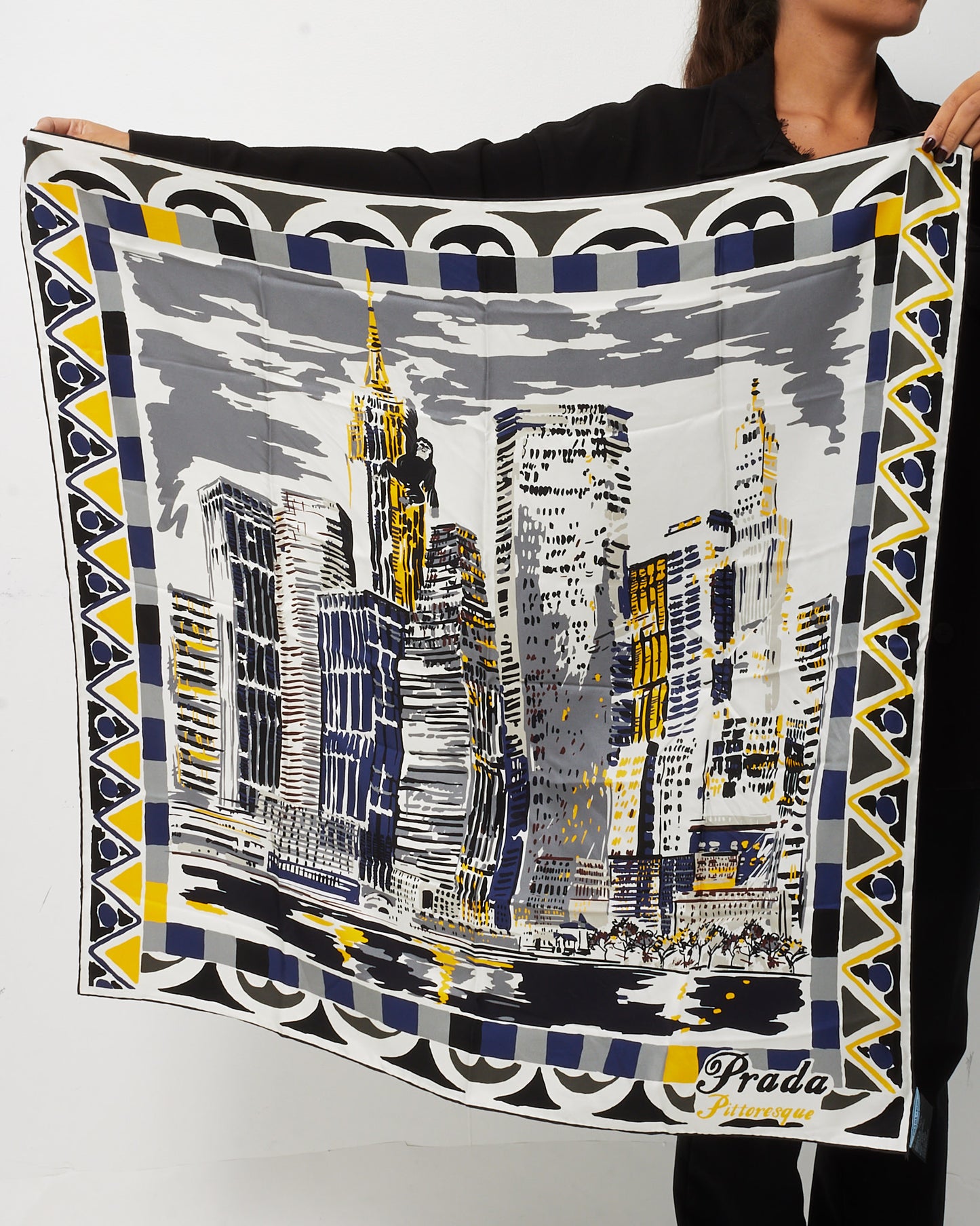 Prada Black/Blue/Yellow Multi Pittoresque New York Printed Silk Scarf