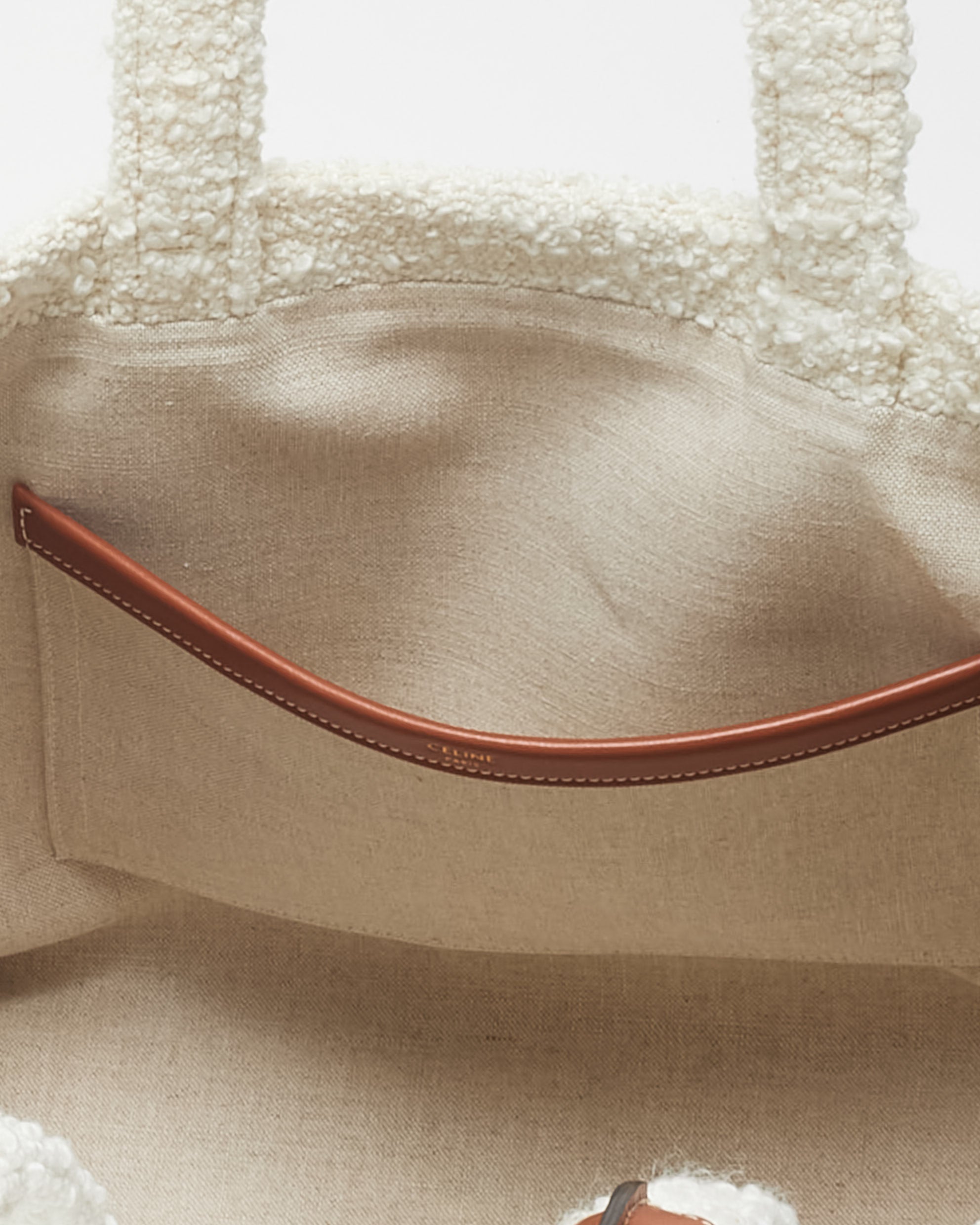 Buy Celine Ivory & Green Shearling Brown Triomphe Leather Logo