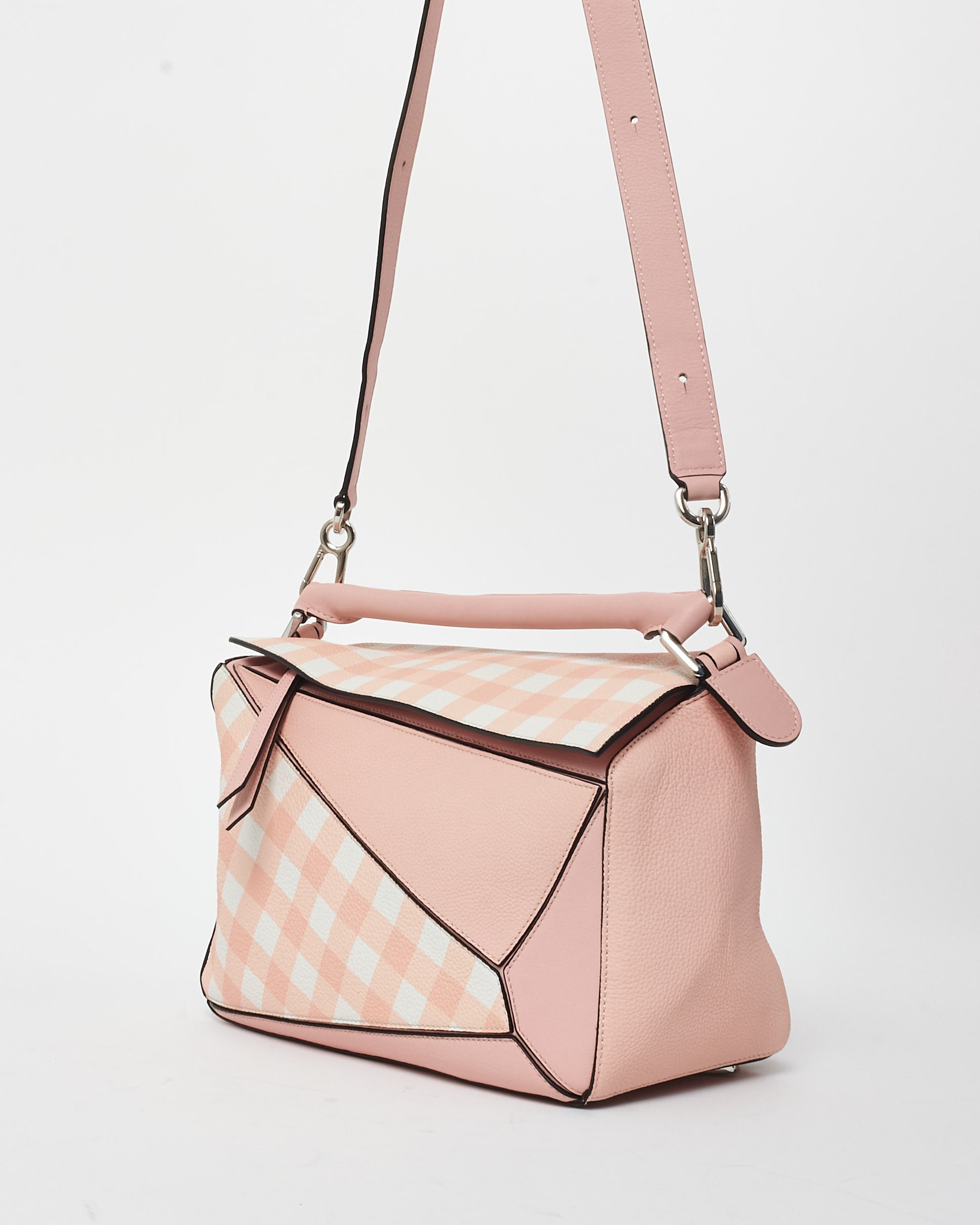 Buy Loewe Pink & White Calfskin Leather Gingham Medium Puzzle Bag