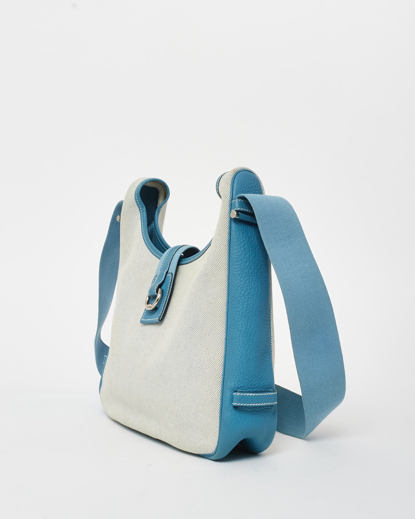 Hermès Vintage Blue Leather & Beige Canvas Tsako bag