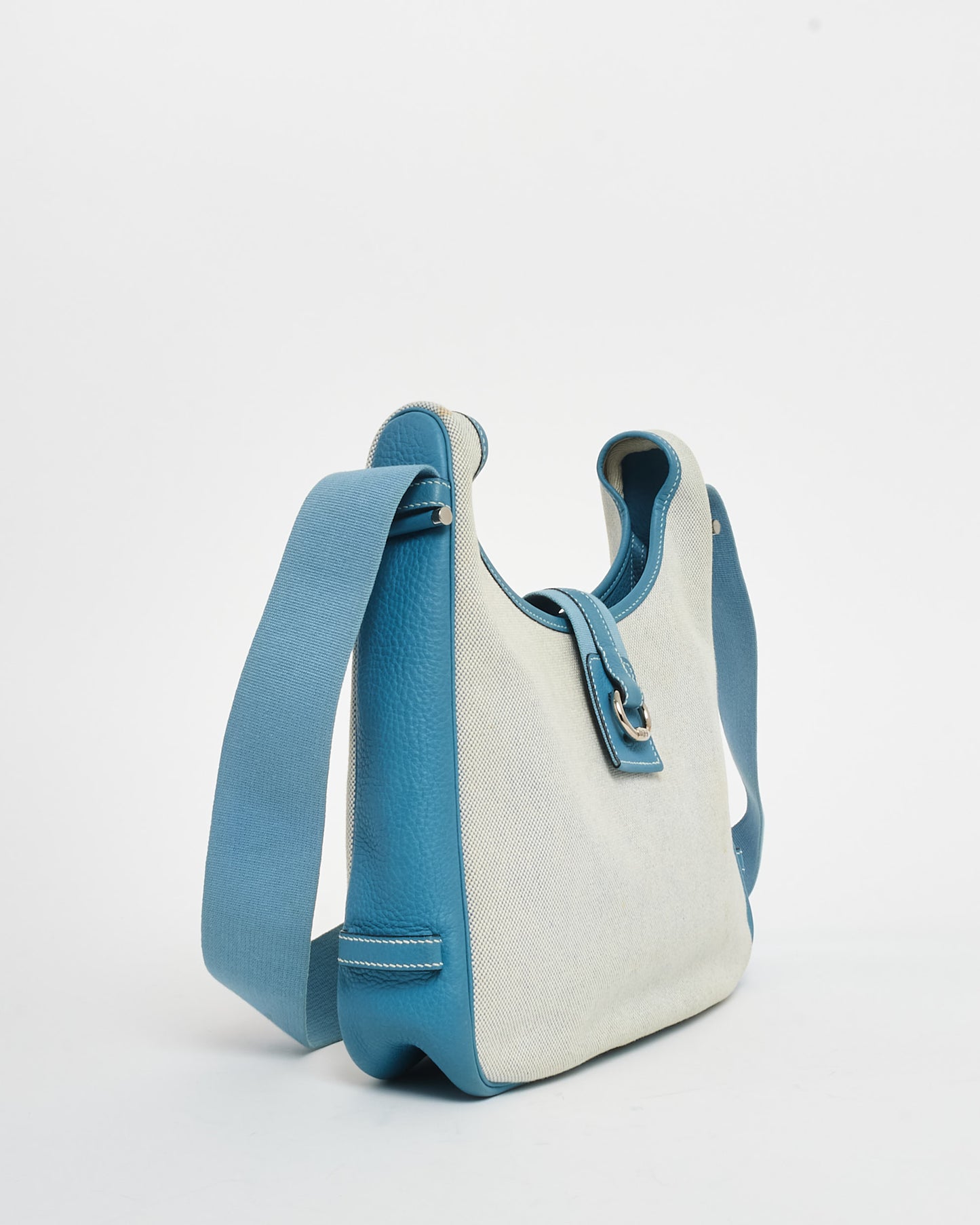 Hermès Vintage Blue Leather & Beige Canvas Tsako bag