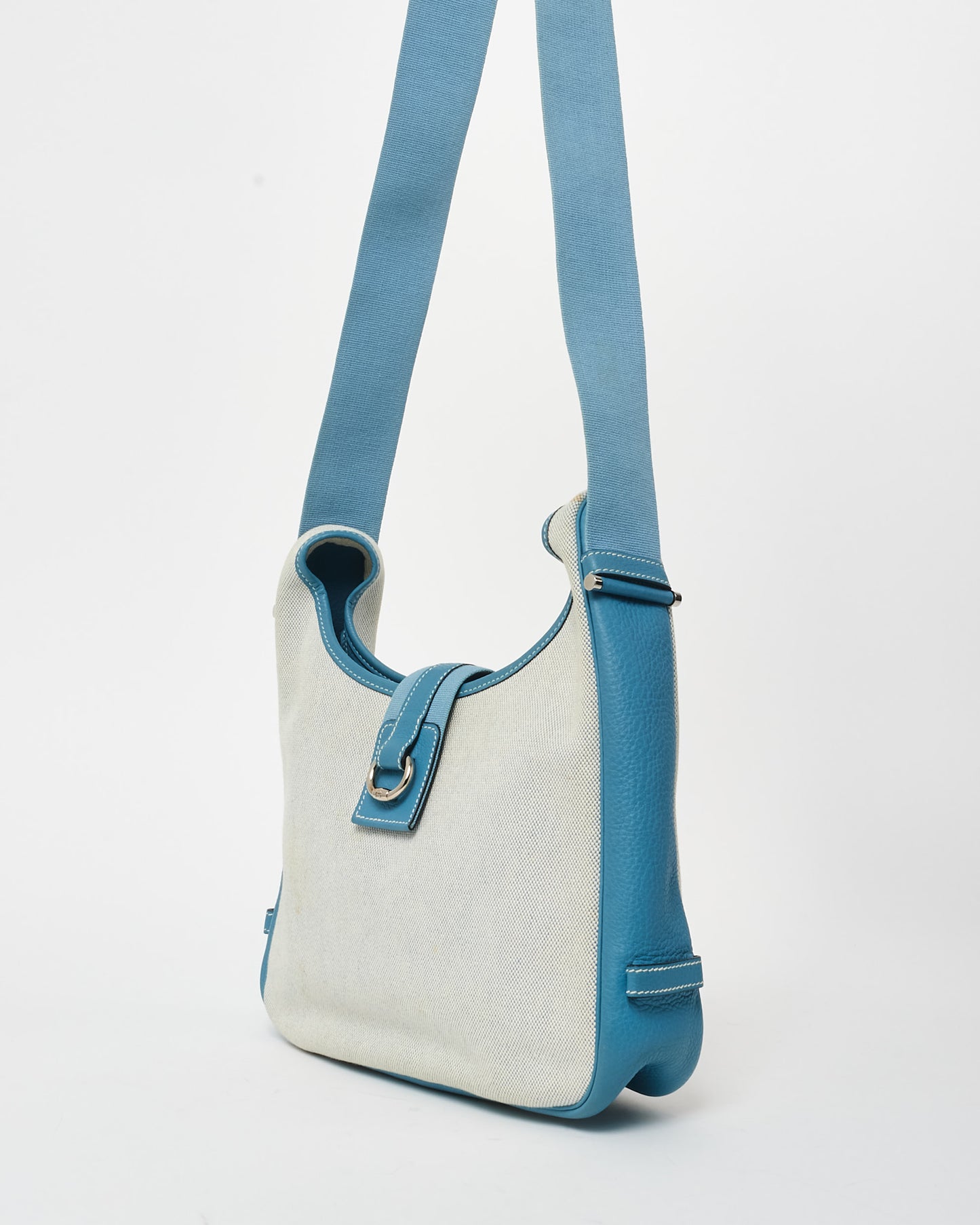 Hermès Vintage Blue Leather & Beige Canvas Tsako bag