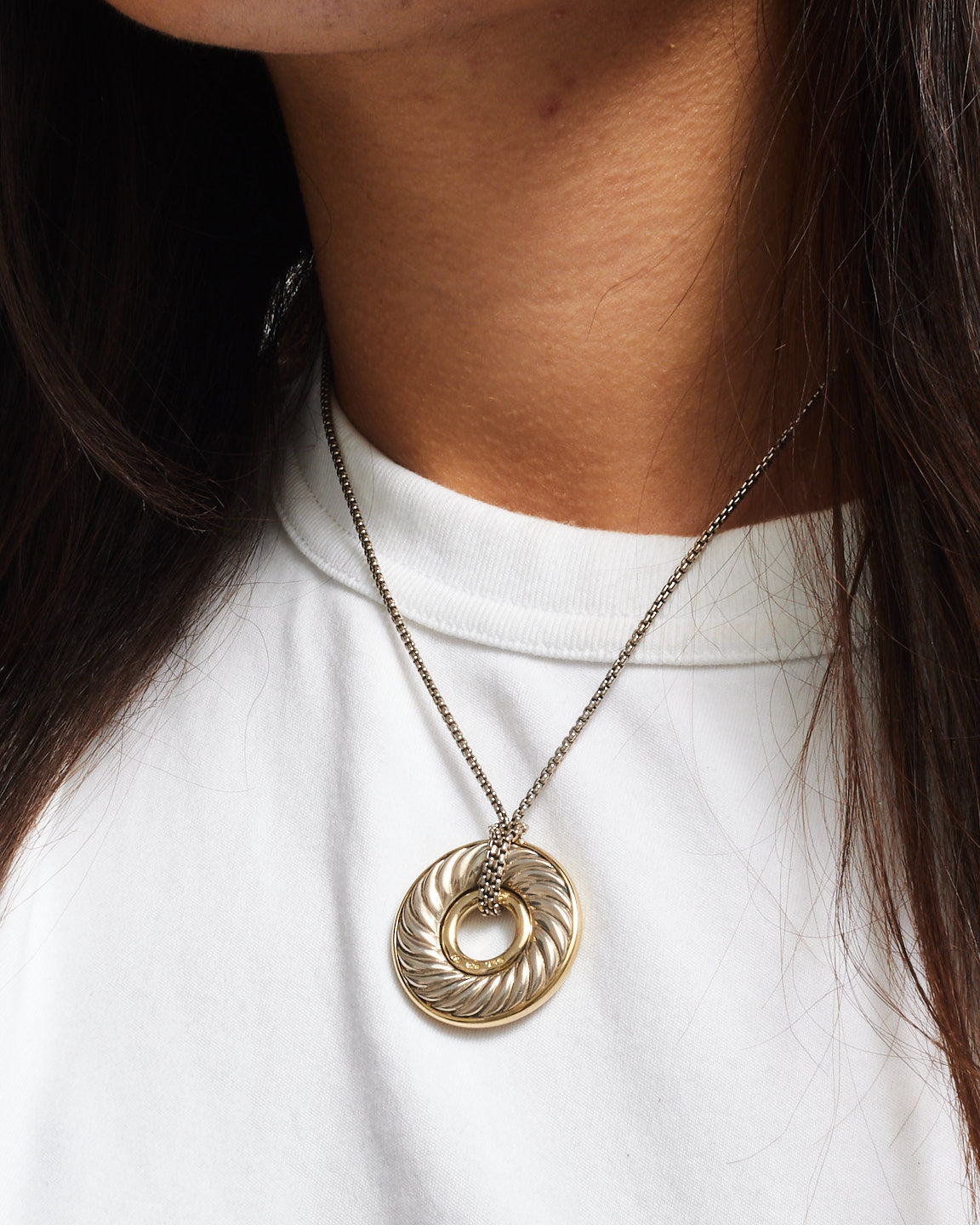 David Yurman Silver & Gold Carved Cable Circle Pendant Necklace
