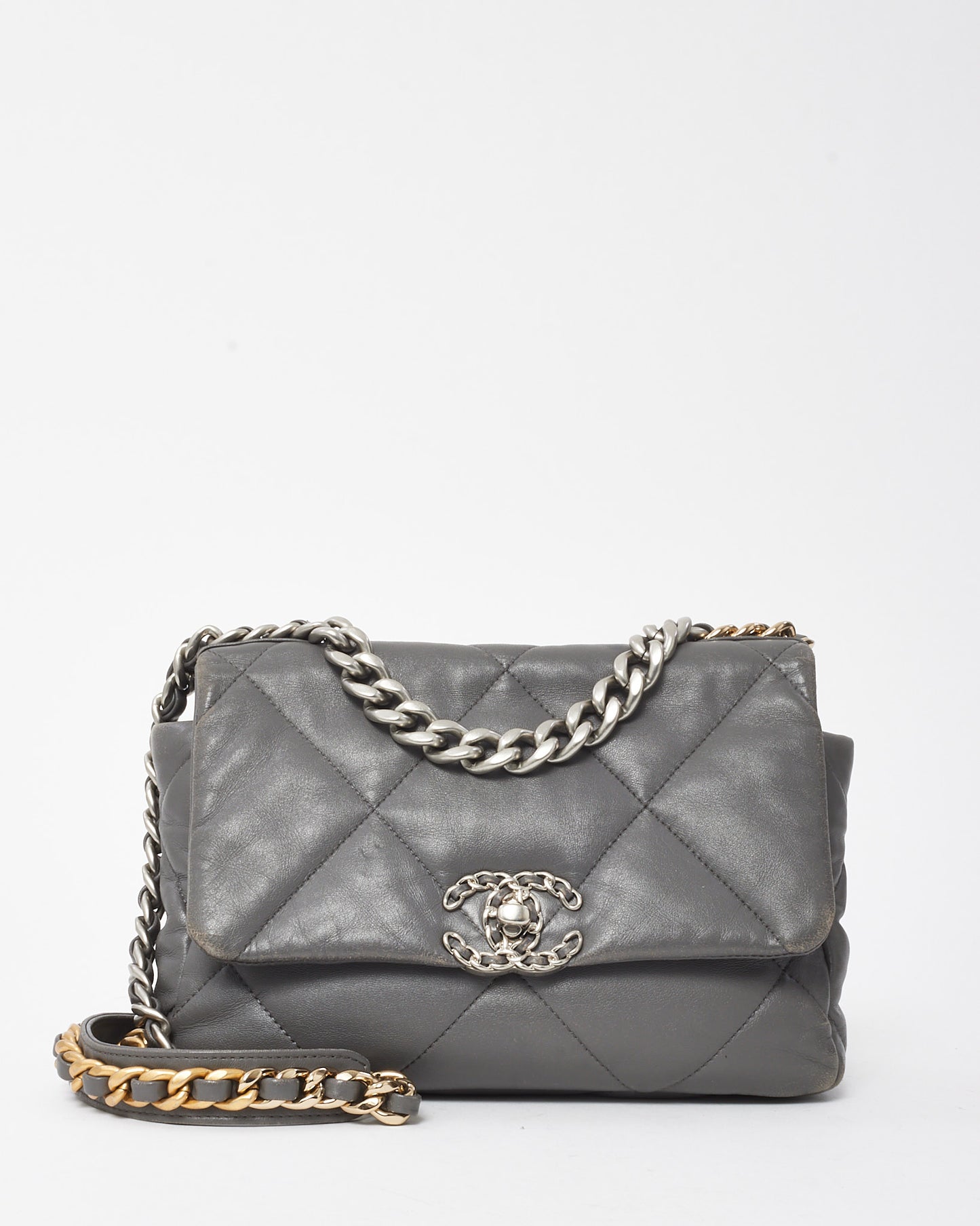 Chanel Grey Quilted Lambskin Leather Small 19 SHW Bag