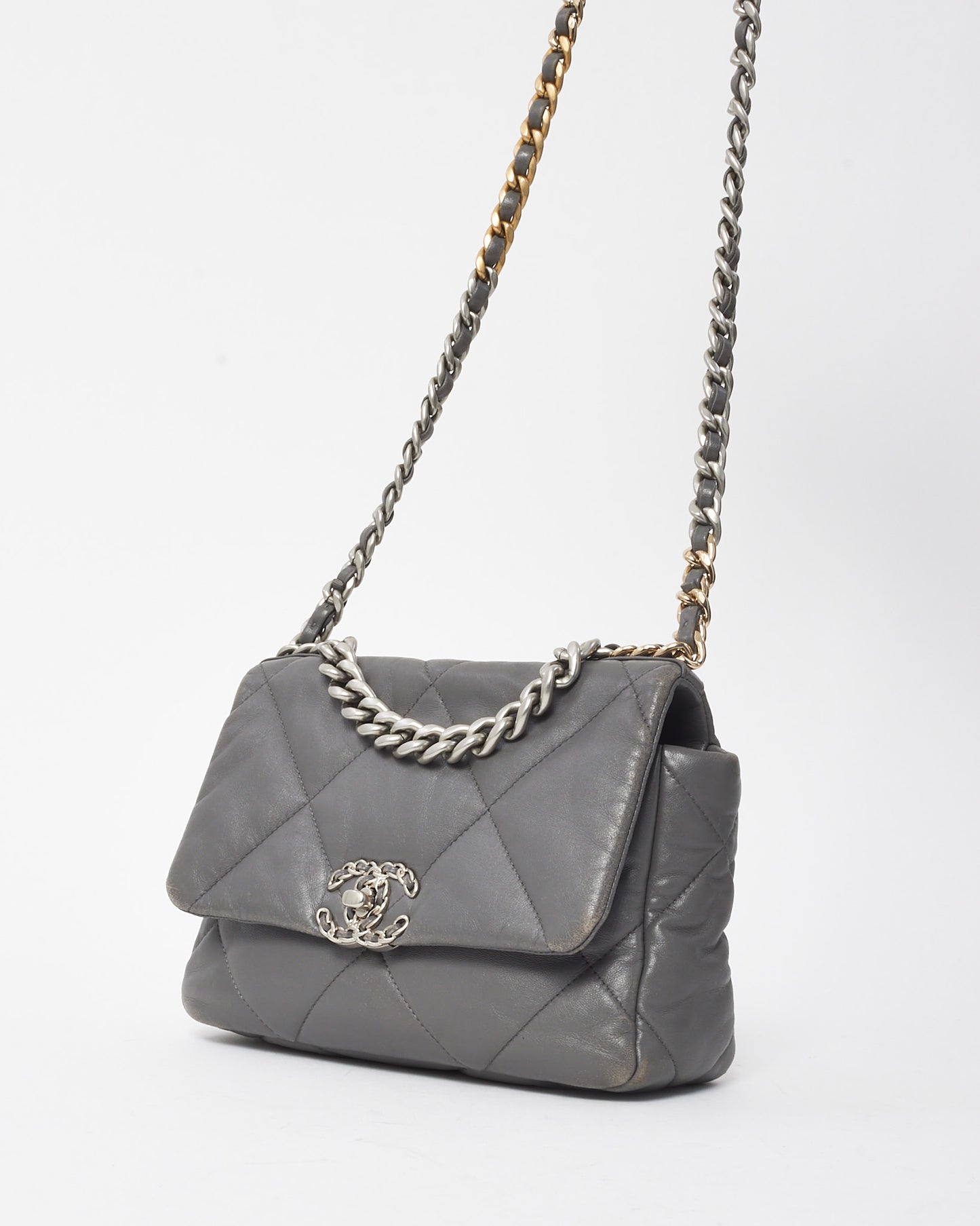 Chanel Grey Quilted Lambskin Leather Small 19 SHW Bag