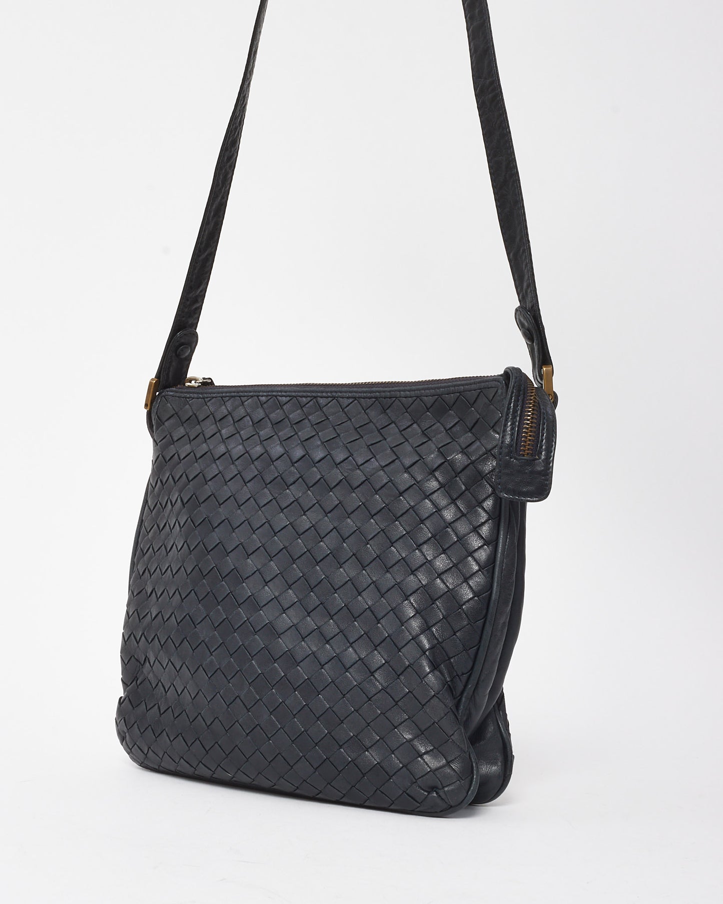 Bottega Veneta Vintage Navy Intrecciato Leather Square Zip Crossbody Bag
