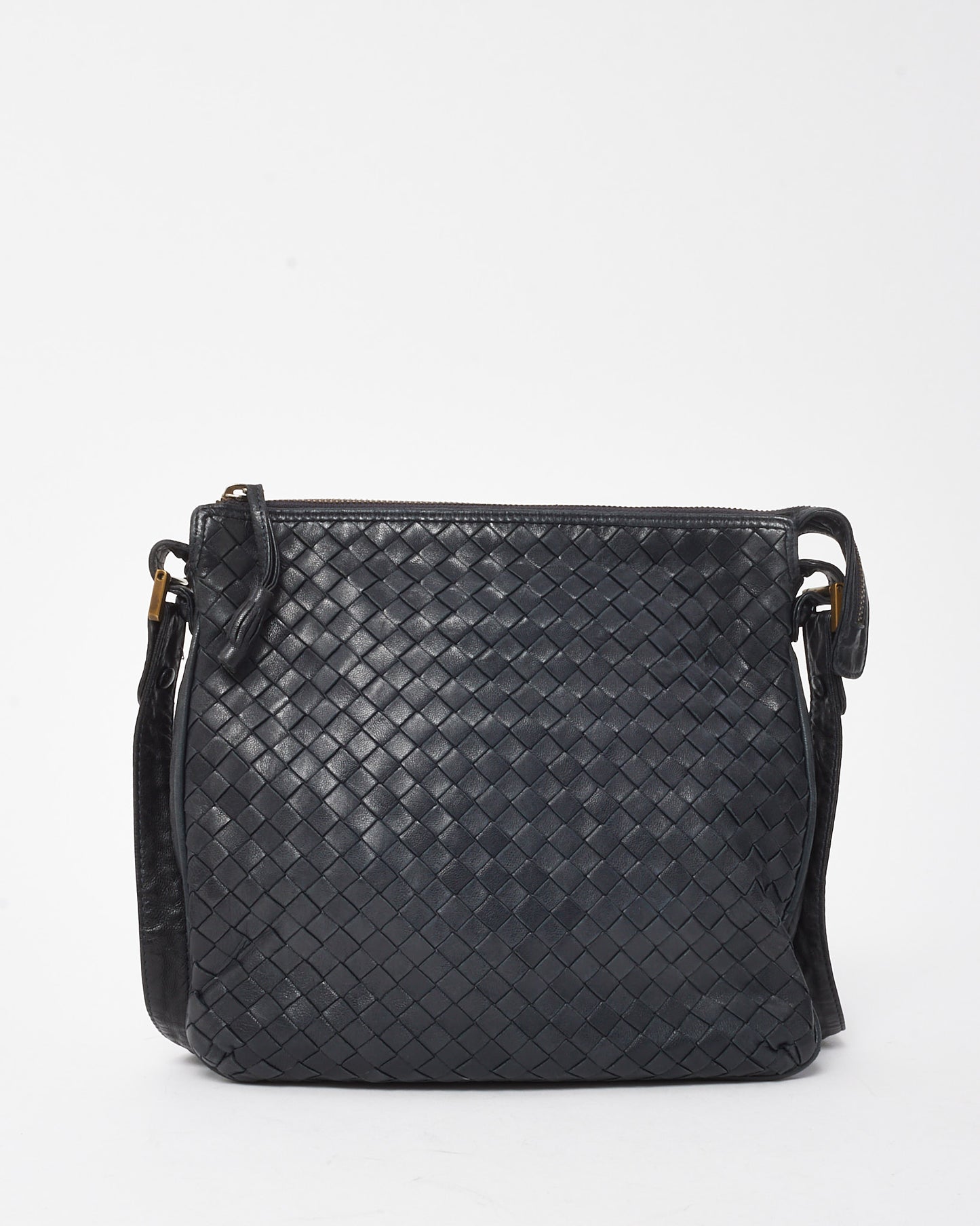 Bottega Veneta Vintage Navy Intrecciato Leather Square Zip Crossbody Bag