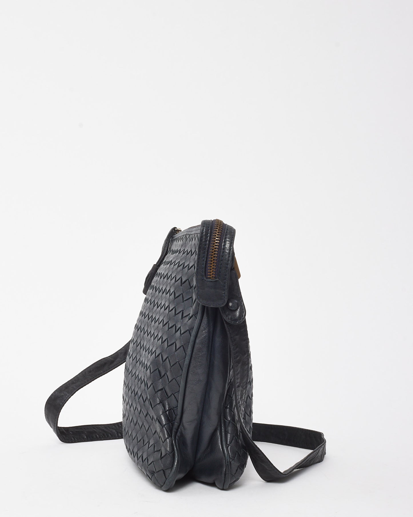 Bottega Veneta Vintage Navy Intrecciato Leather Square Zip Crossbody Bag